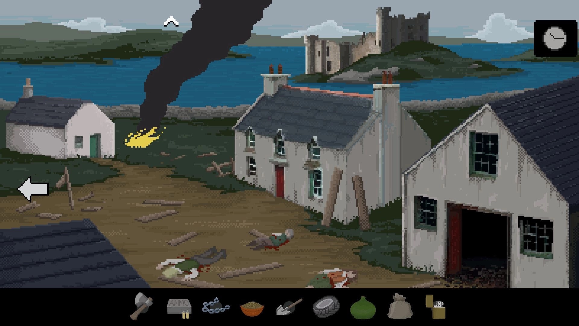 Cult Vacui: Village scene with burning structure, castle in background, inventory bar at bottom