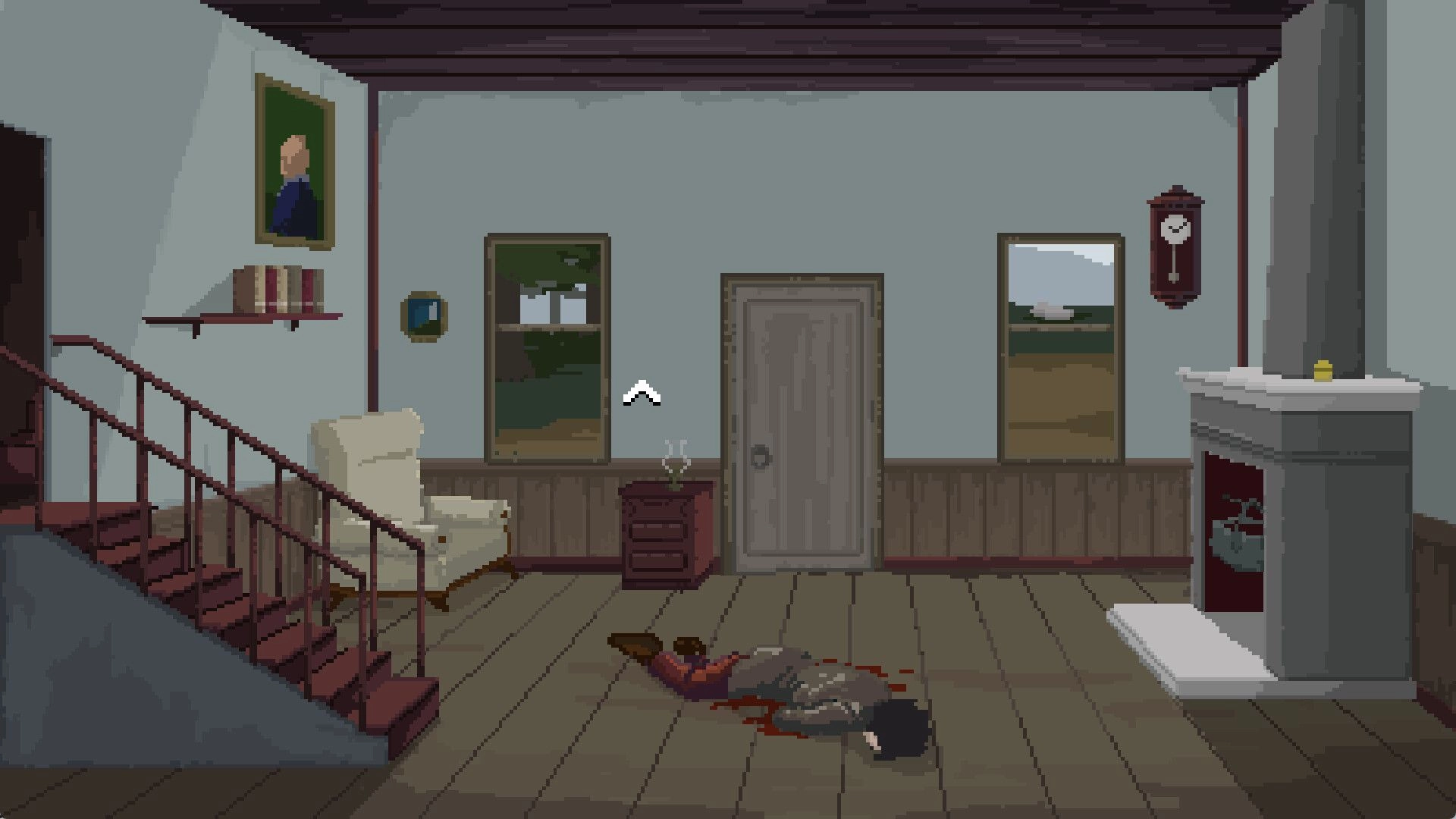Cult Vacui: Character lies on floor in bloodstained room with staircase, fireplace, and wall decor.