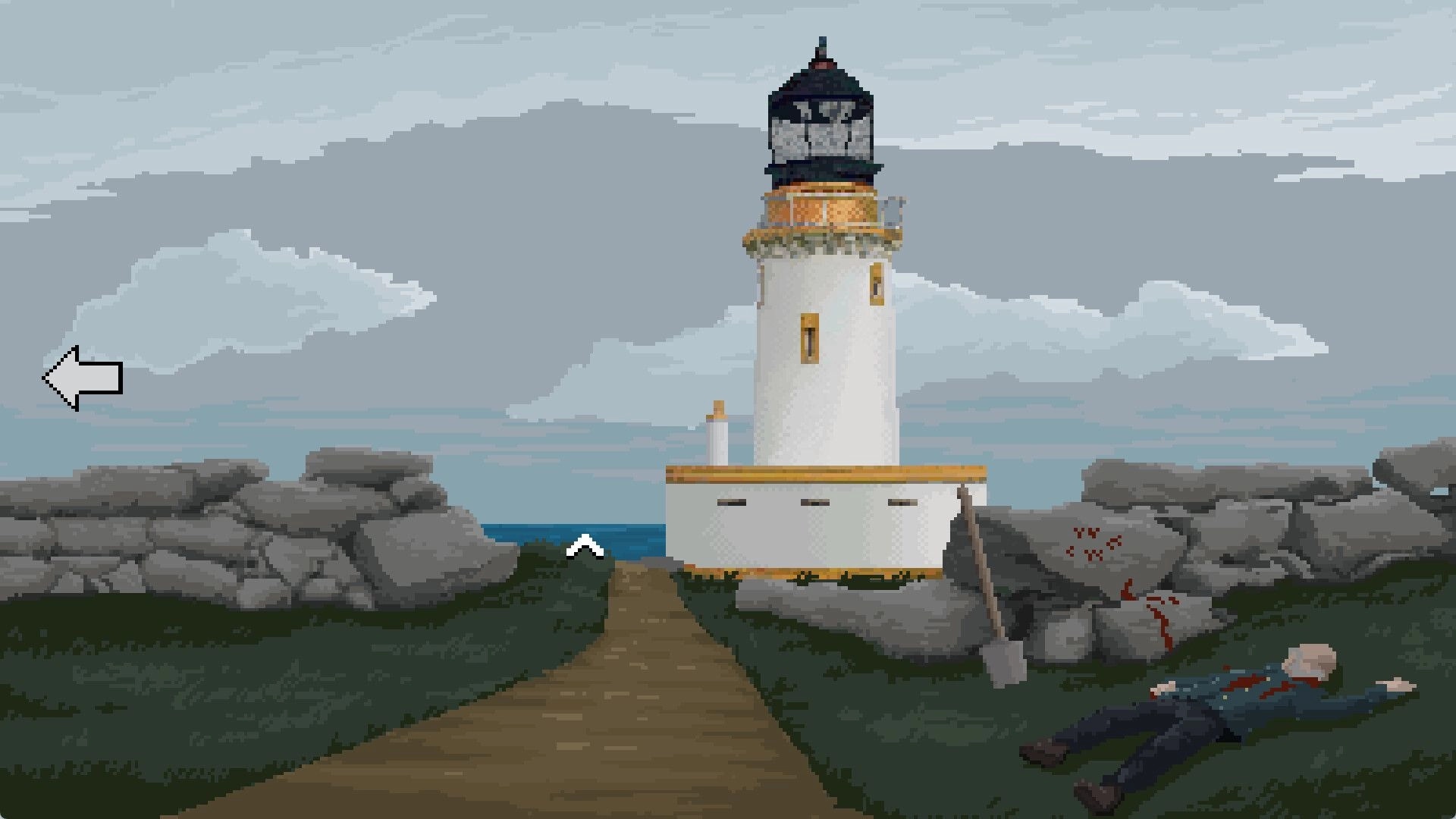 Cult Vacui: Path leads to lighthouse, with a body and shovel nearby on a stormy day by the sea.