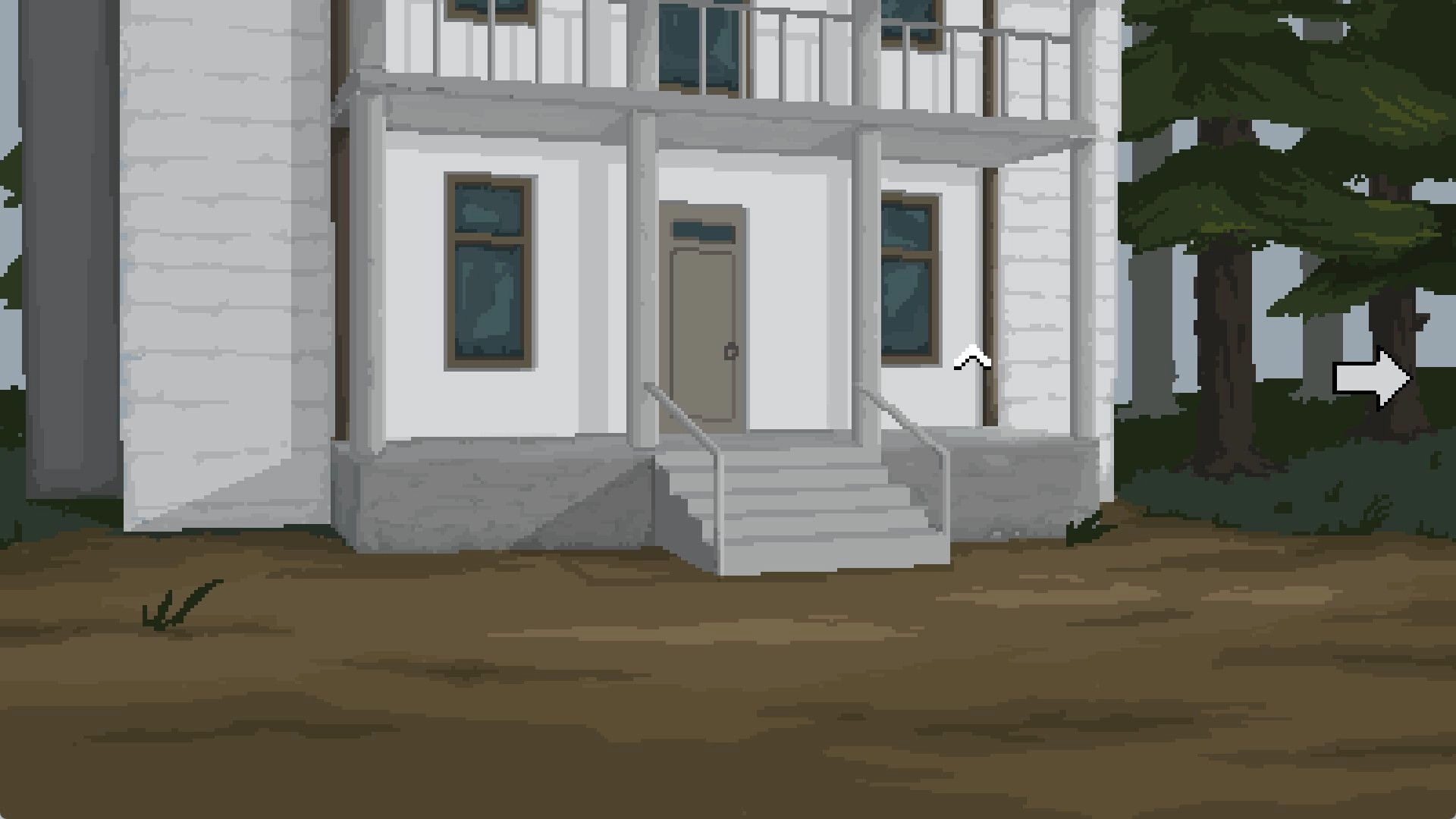Cult Vacui: Front porch of a white house with directional arrows, surrounded by dense, dark forest.