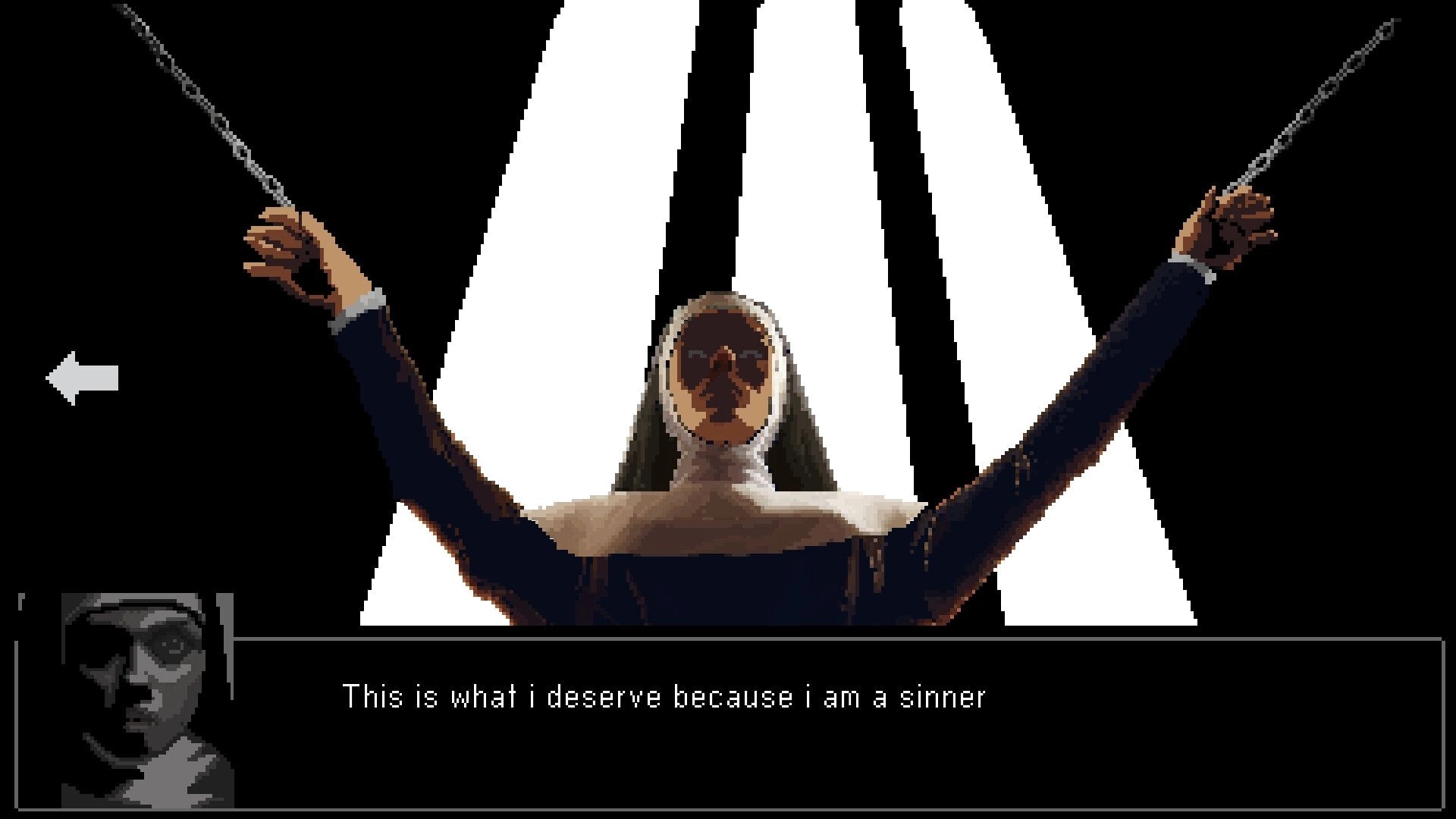 Cult Vacui: Nun chained, arms raised in spotlight with text box dialogue in dark, ominous setting.