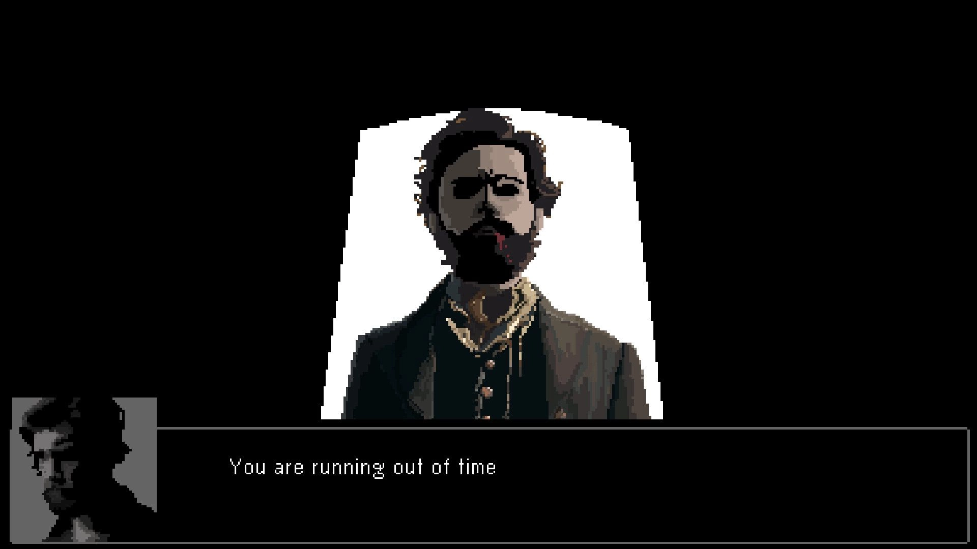 Cult Vacui: Character portrait with dialogue "You are running out of time" in a dark, minimalist setting.