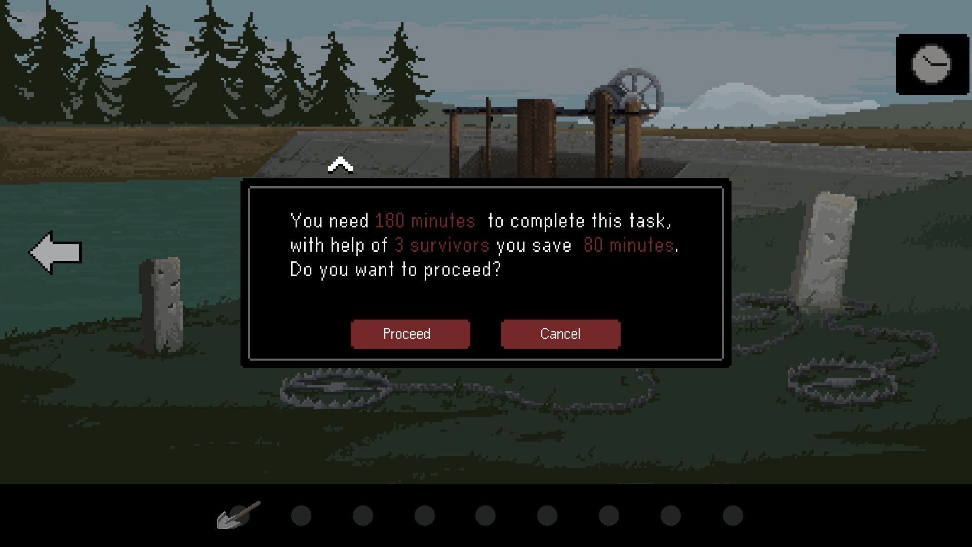 Cult Vacui: Task decision prompt with time options in a forest clearing with traps and machinery.