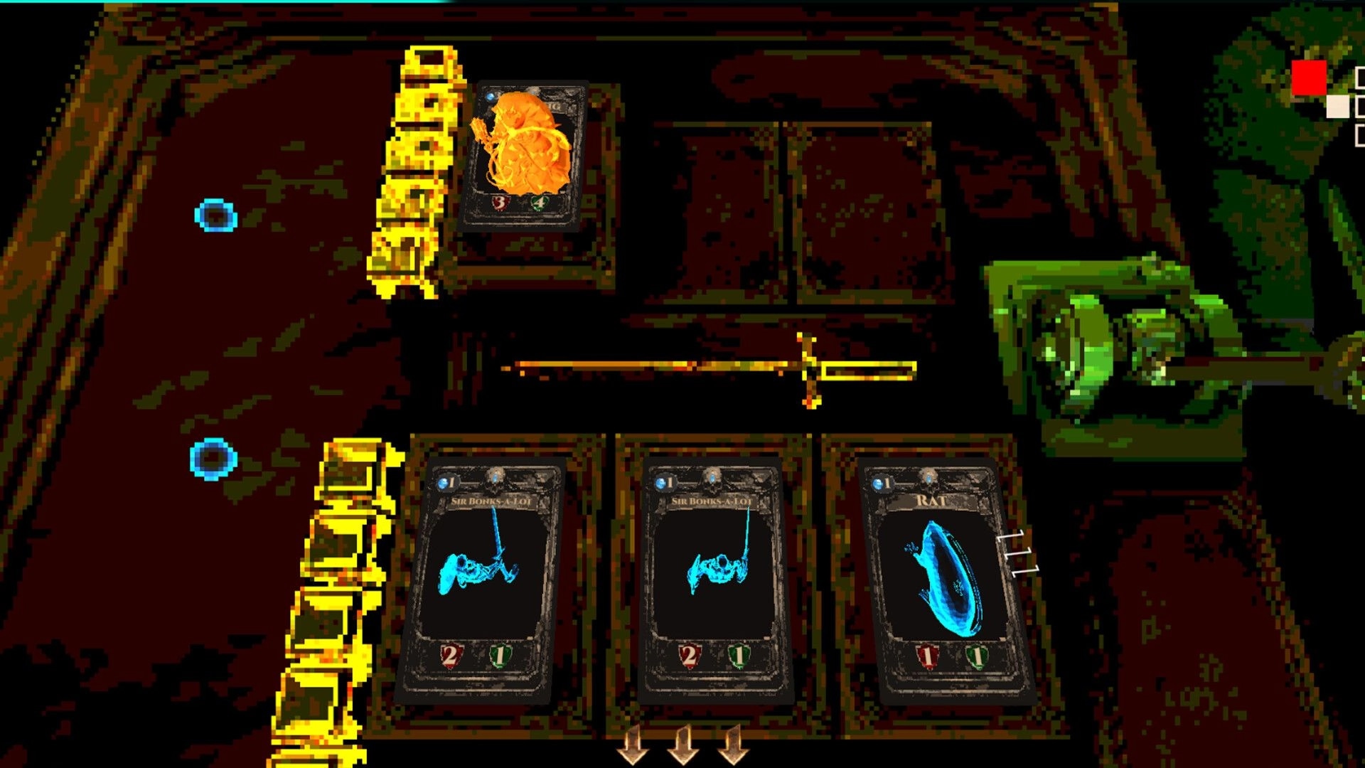 Cungeon: Card battle UI with three creature cards and a sword indicator in a dim dungeon corridor.