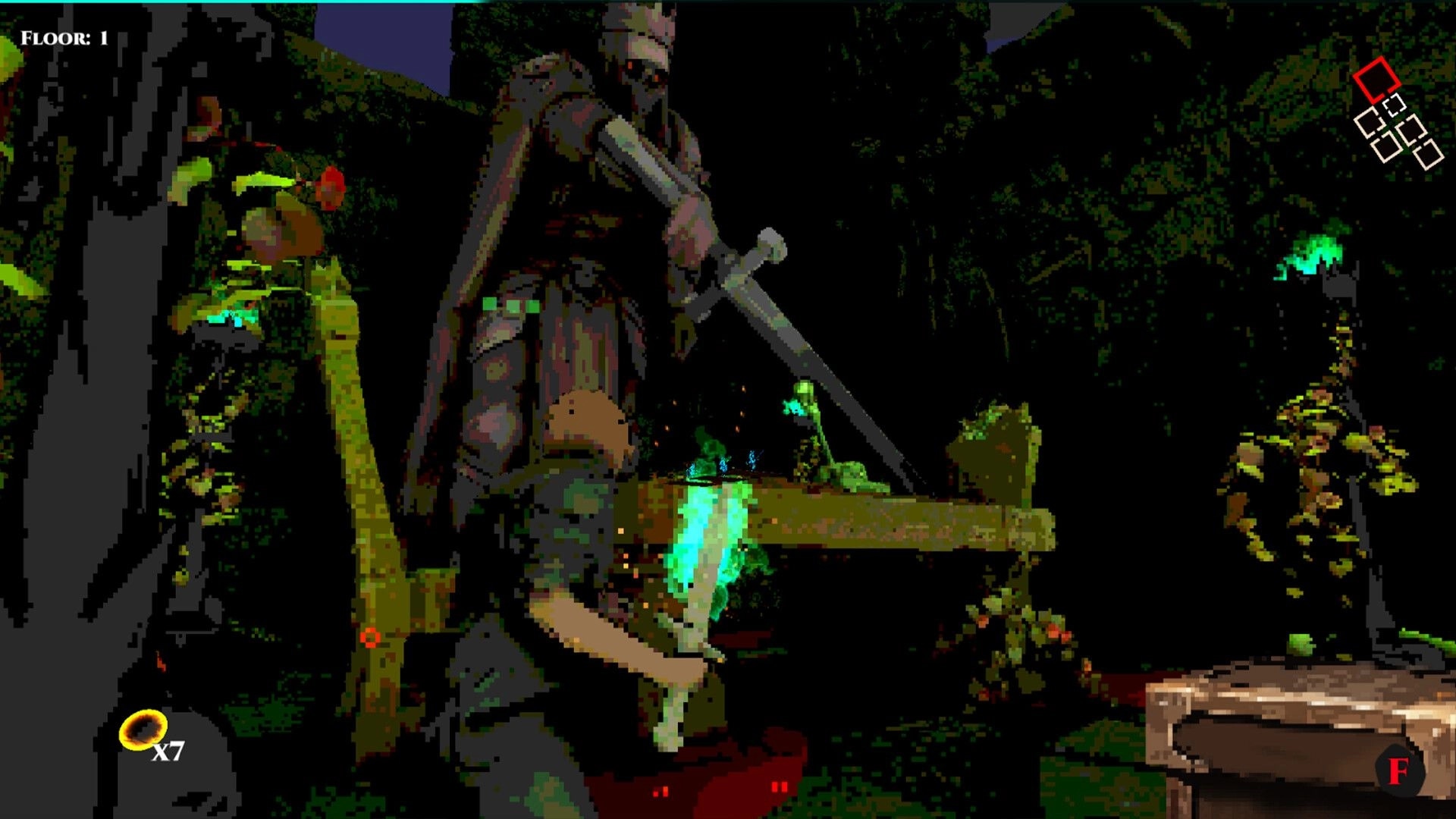 Cungeon: Sword-wielding adventurer fights glowing foes on Floor 1 in a dark forest dungeon with minimap.