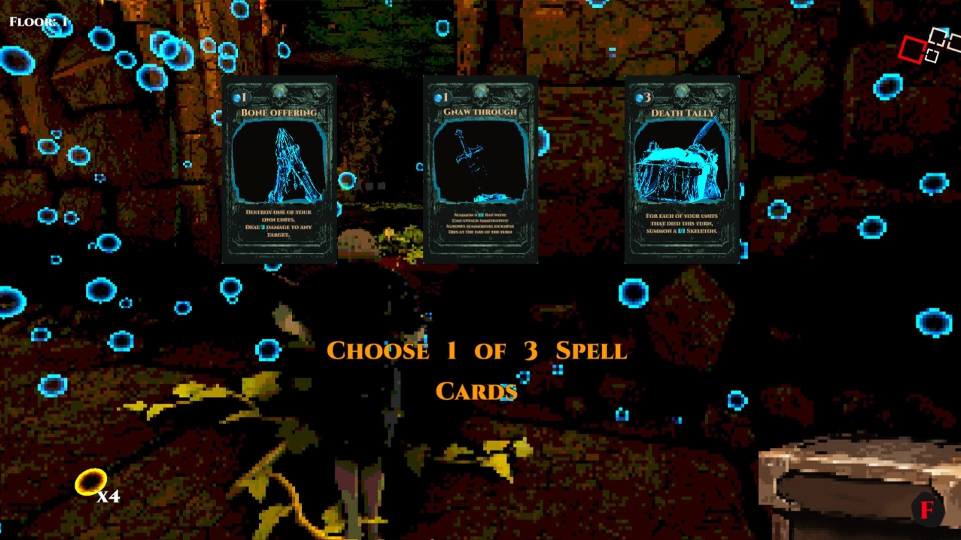 Cungeon: Choose 1 of 3 spell cards menu over pixel dungeon floor with blue particle effects floating.
