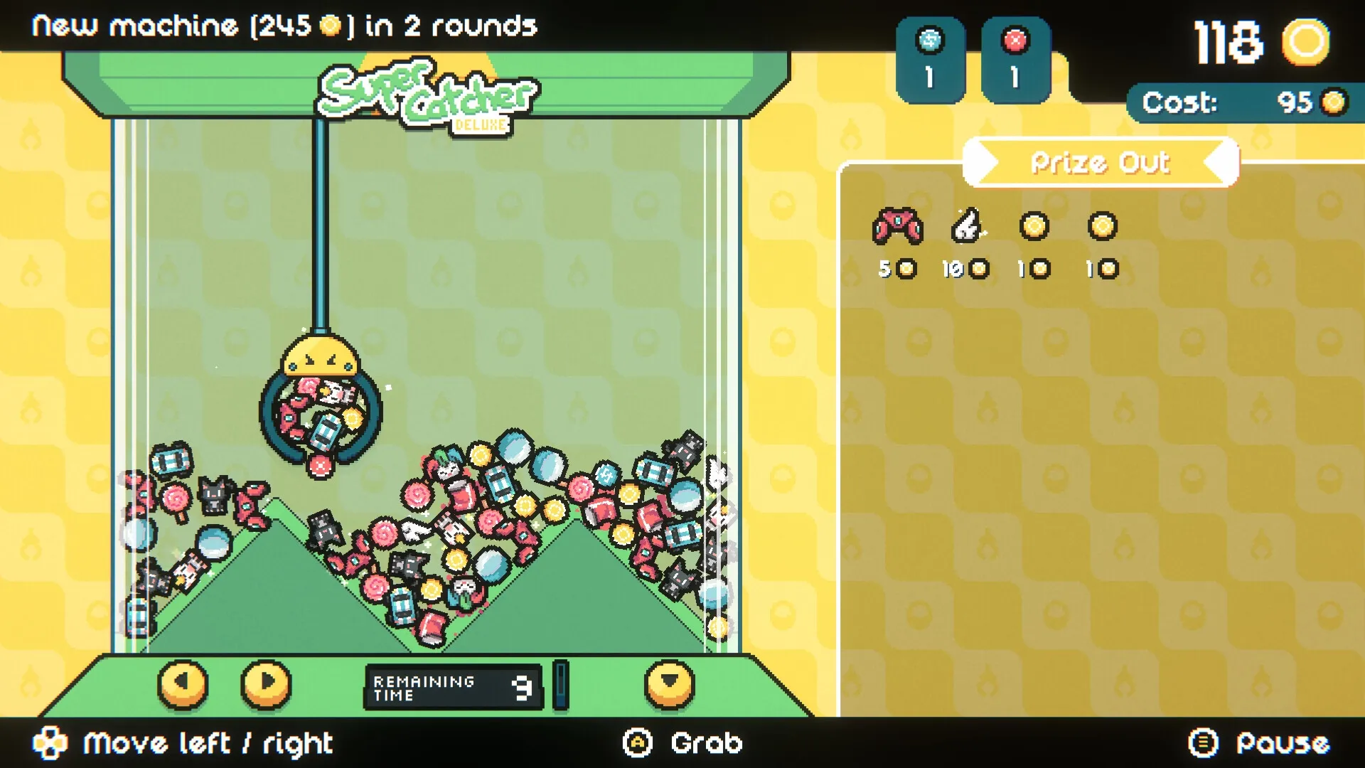 Cupiclaw: Claw grabbing prizes in Super Catcher Deluxe machine with prize inventory on right panel.