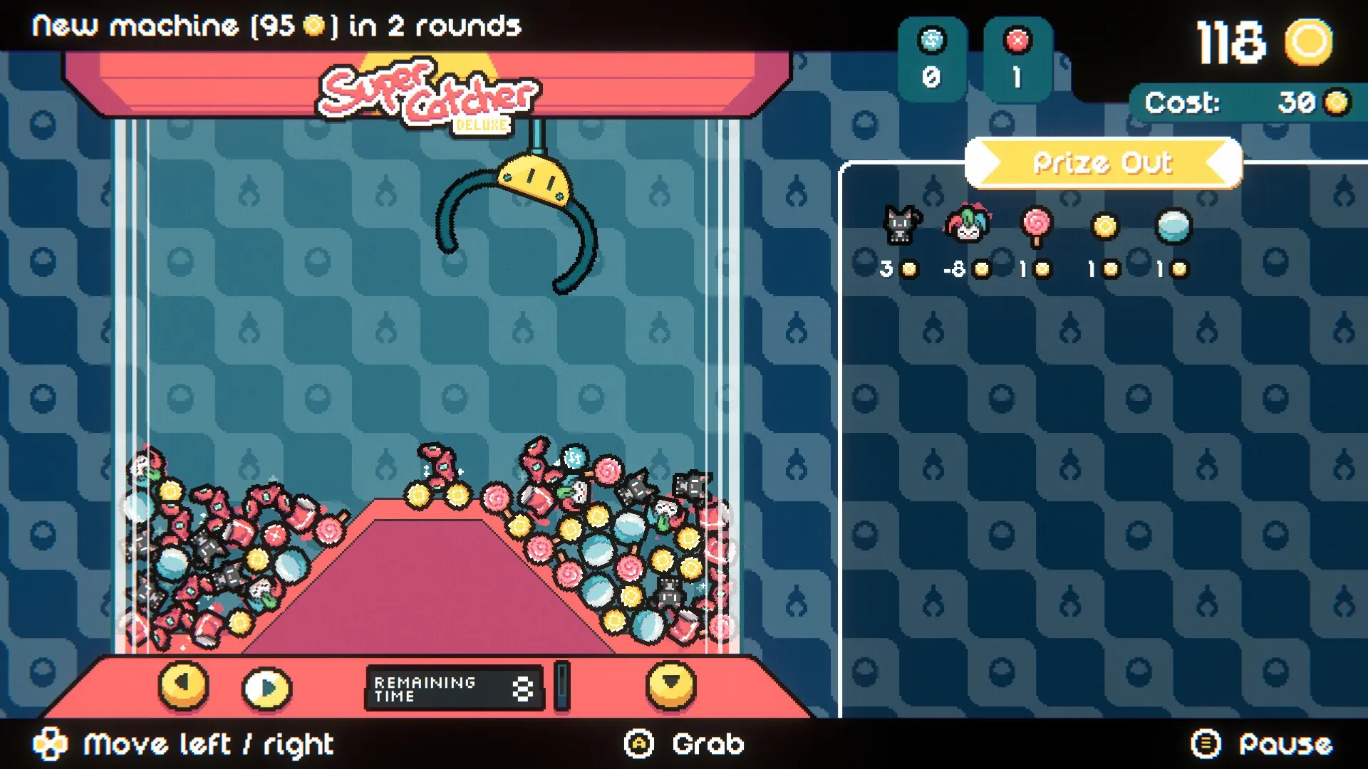 Cupiclaw: Claw machine gameplay with prizes, score display, and controls in a patterned arcade setting.