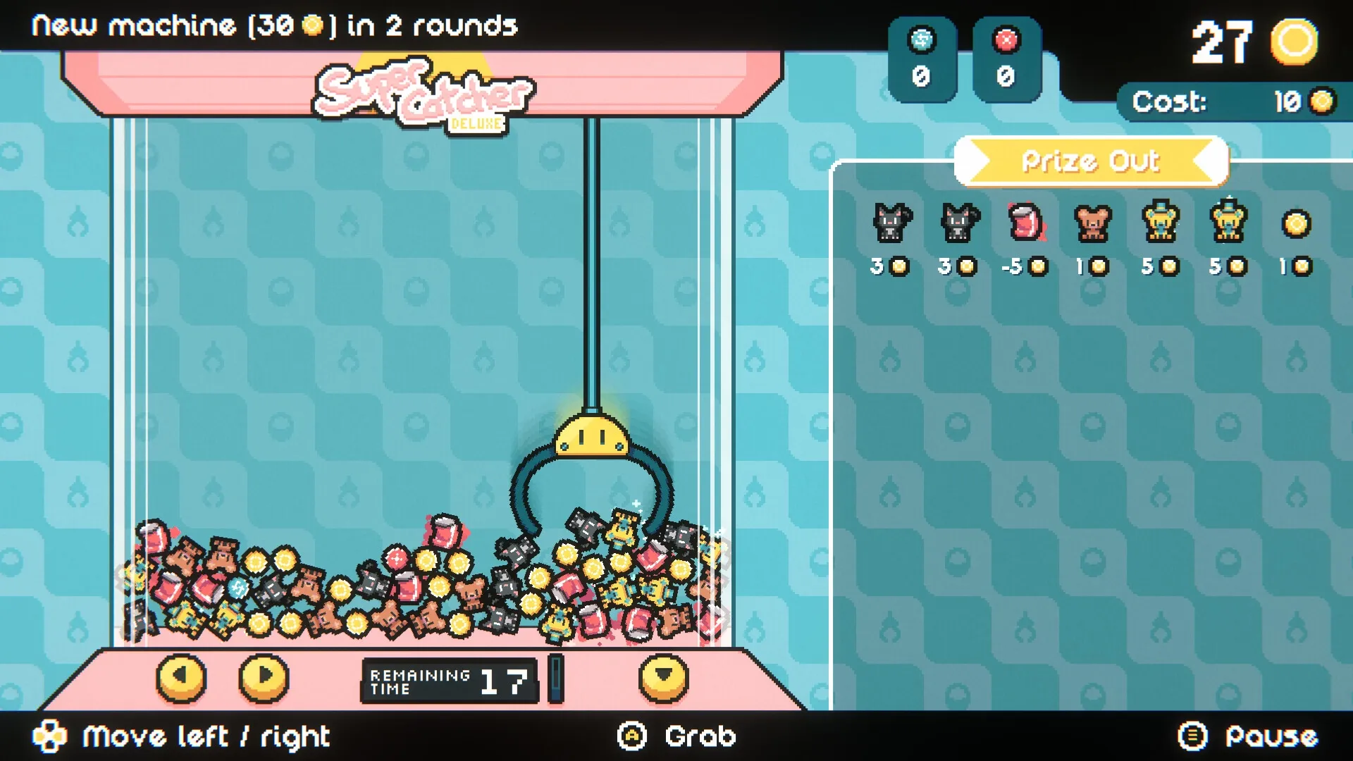 Cupiclaw: Claw machine gameplay with prizes, coin count, and prize list in arcade setting.