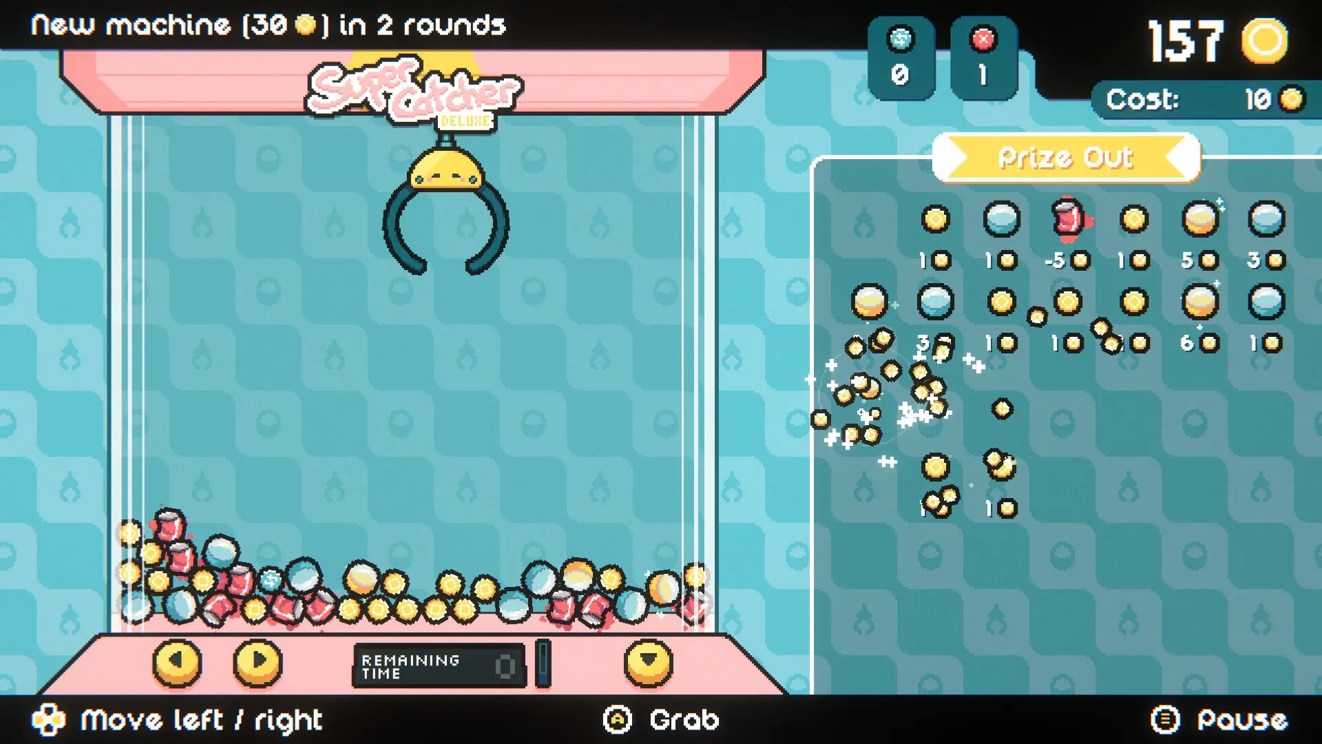 Cupiclaw: Claw machine gameplay with prizes and coins visible, "Prize Out" button highlighted