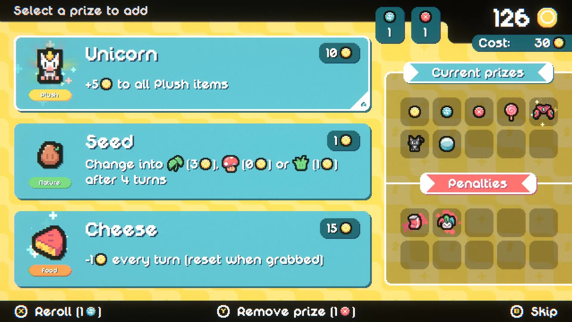 Cupiclaw: Prize selection screen with Unicorn, Seed, and Cheese options; inventory grid on the right.