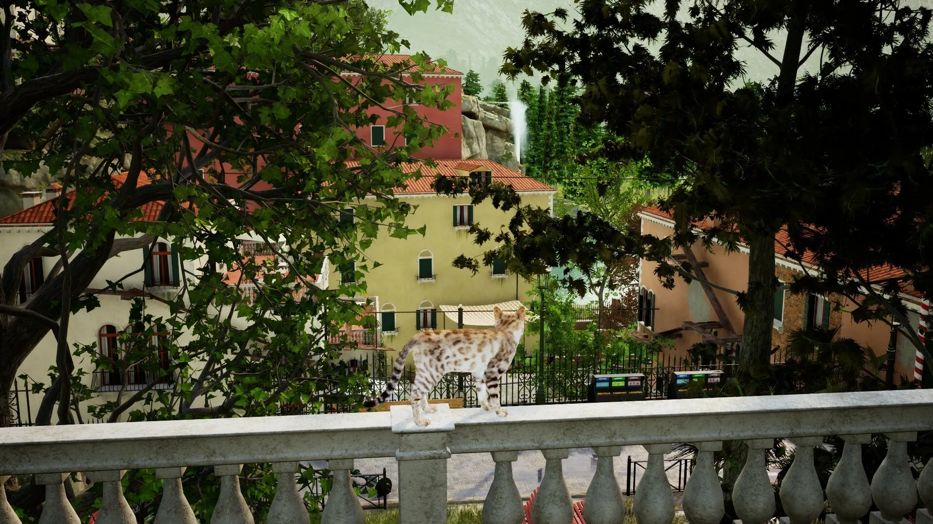 Curiosity: Spotted cat exploring a lush garden balcony overlooking colorful buildings and waterfall
