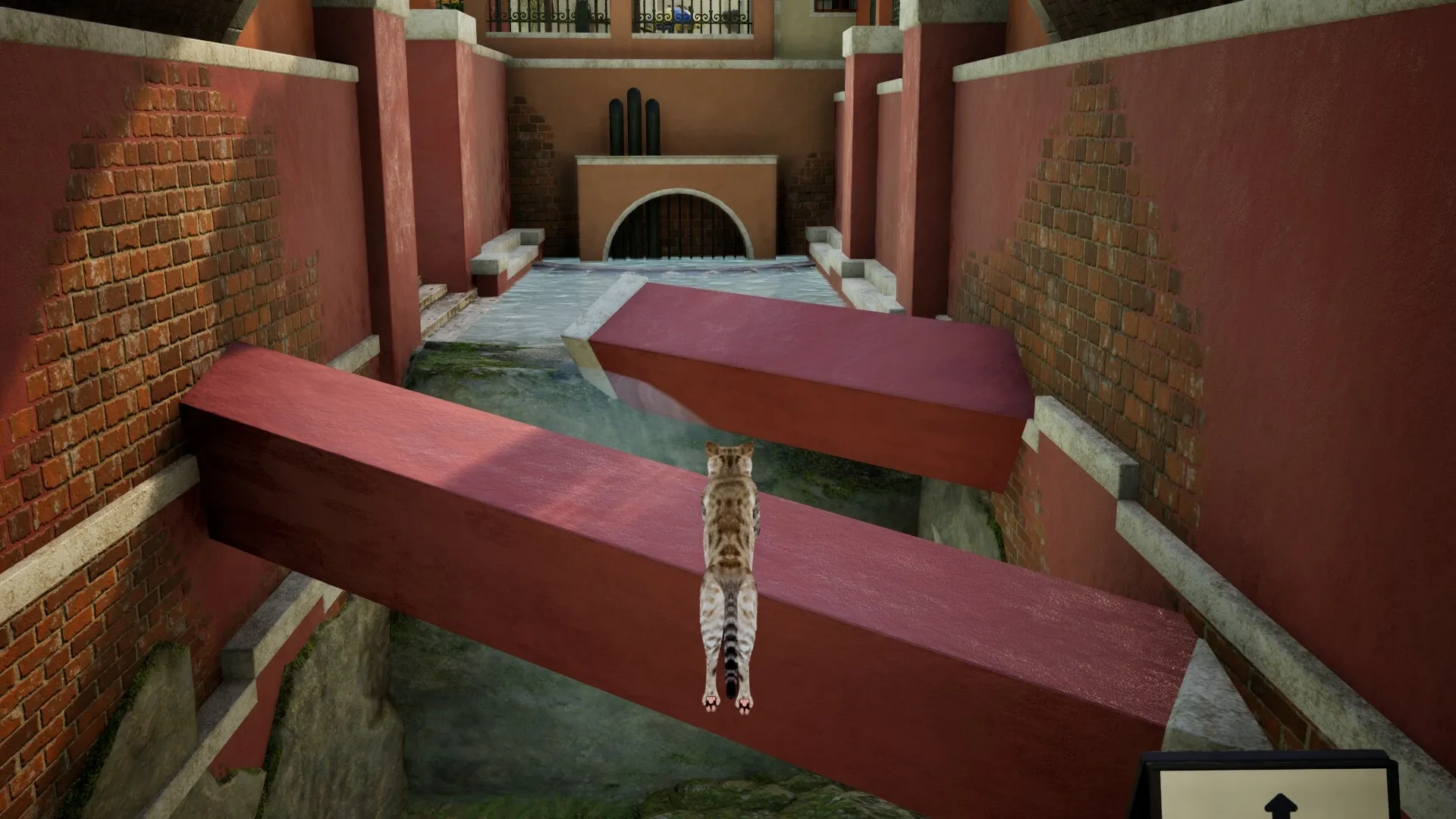 Curiosity: Cat leaps across red beams in a narrow brick-walled corridor, navigating the labyrinth.