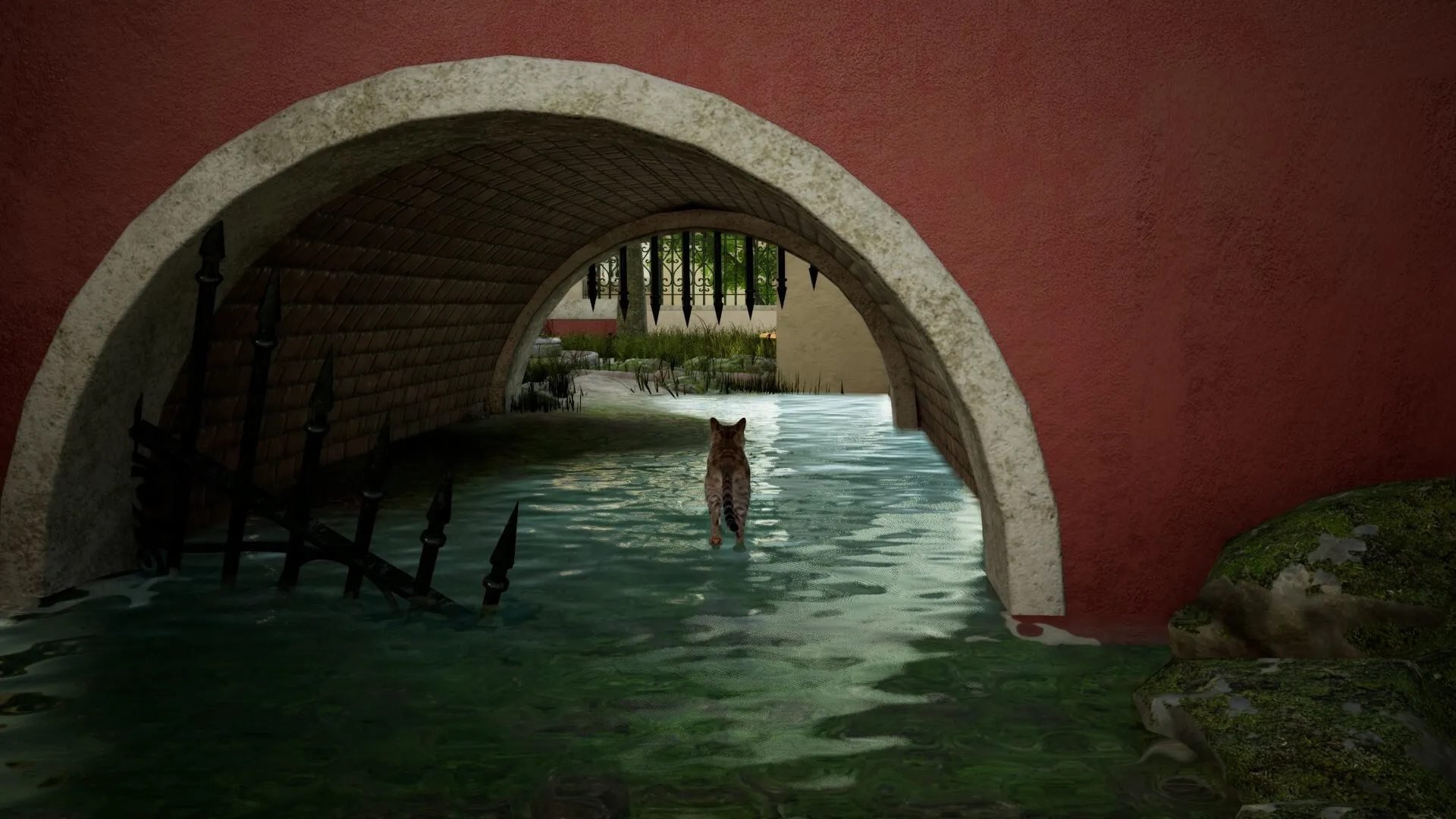 Curiosity: Cat leaping through water-filled tunnel under arched bridge in lush garden environment