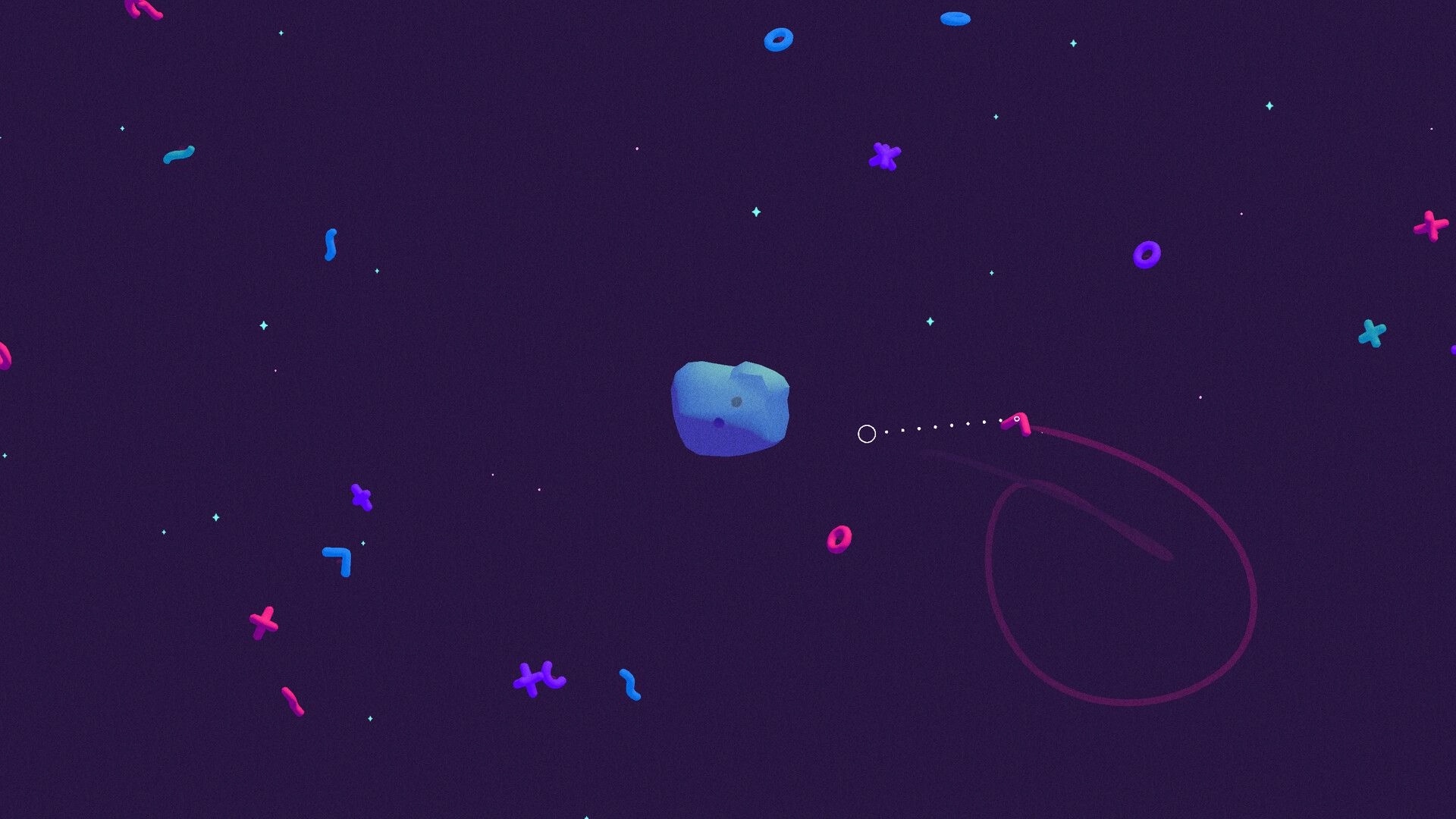 Curiosmos: Floating asteroid with colorful particles and path lines in a dark cosmic environment