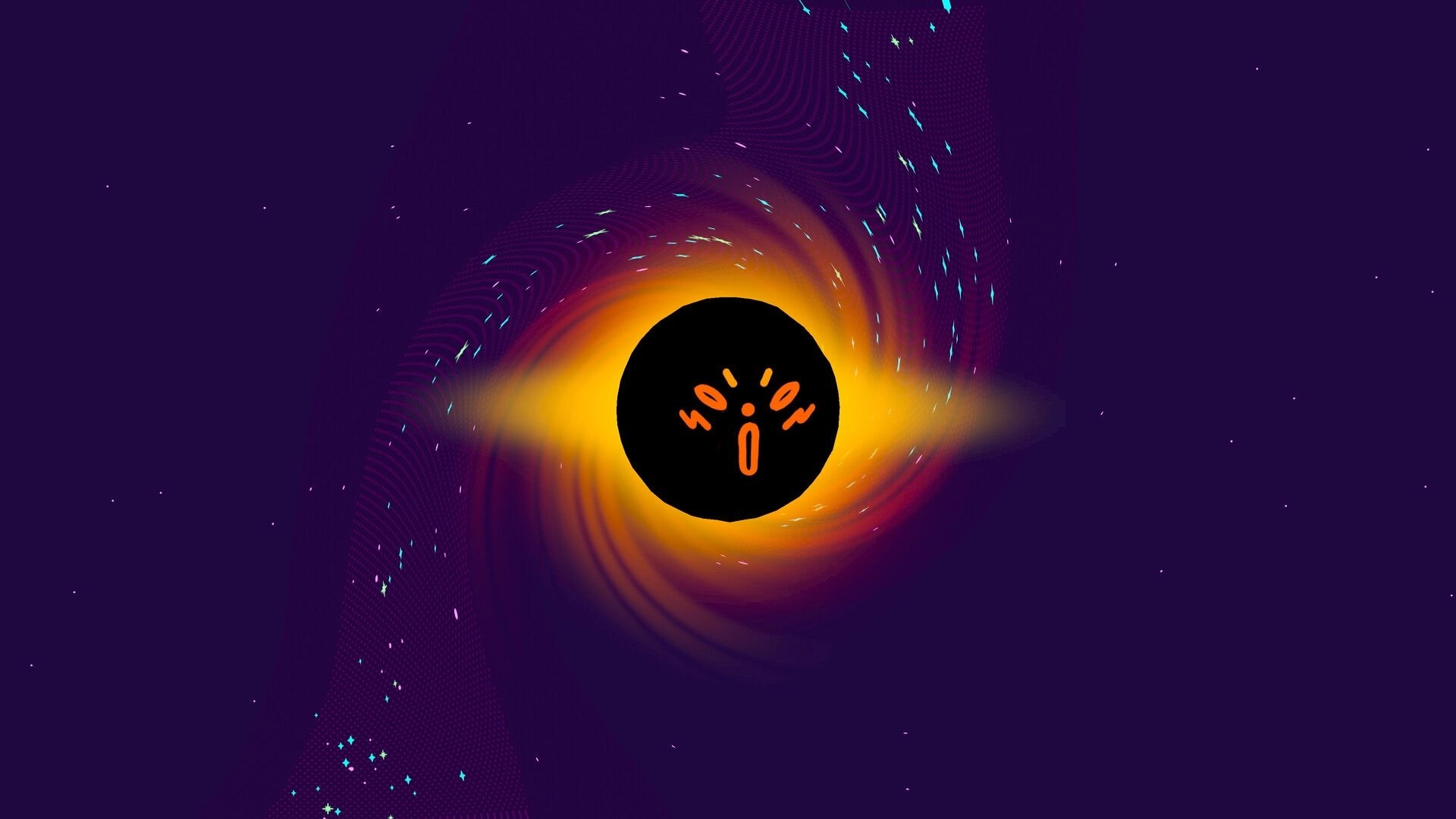 Curiosmos: Black hole absorbing surrounding light in deep space with sparkles and swirling patterns