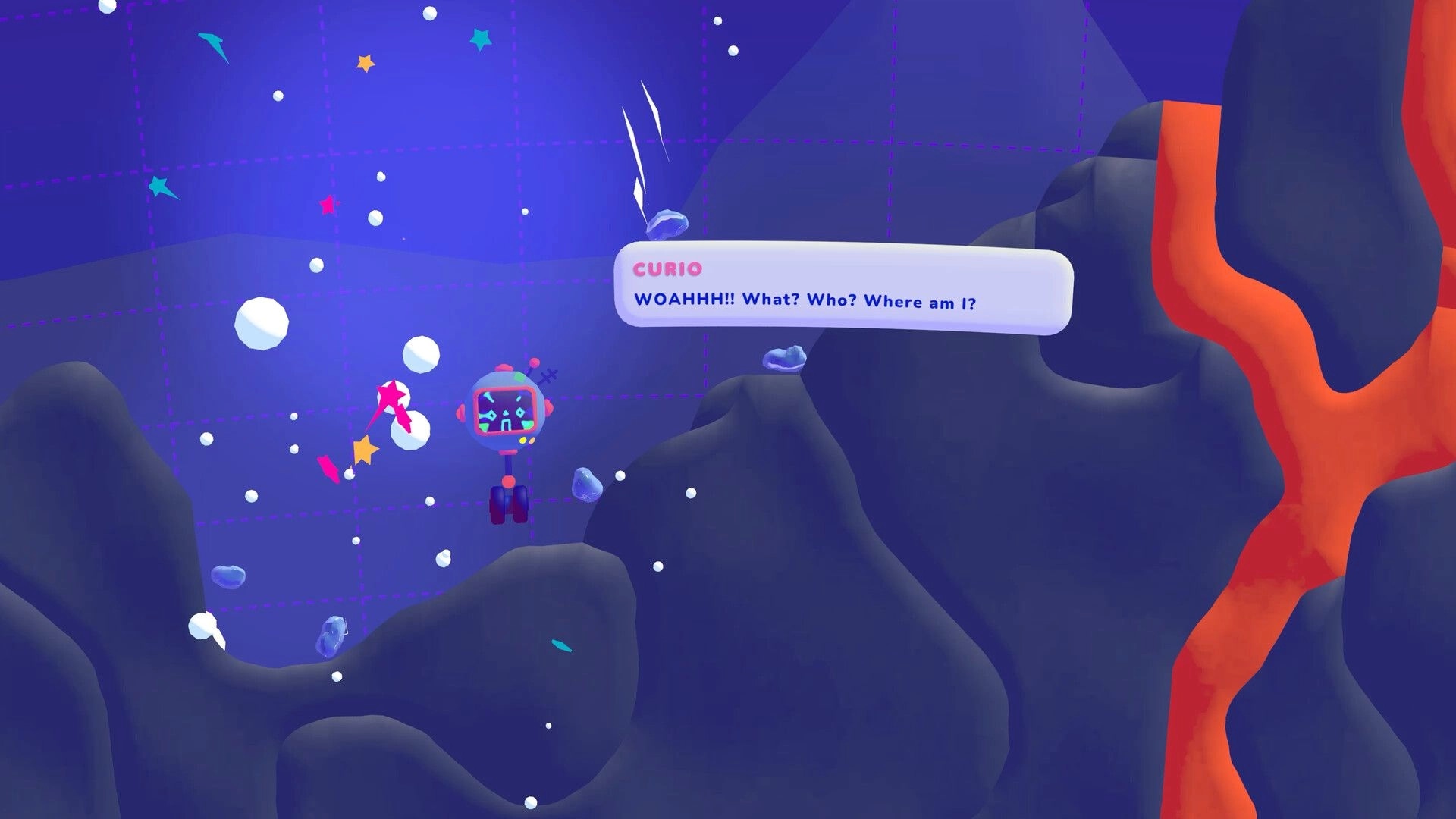 Curiosmos: Curio floating in space with dialogue bubble and colorful starry background