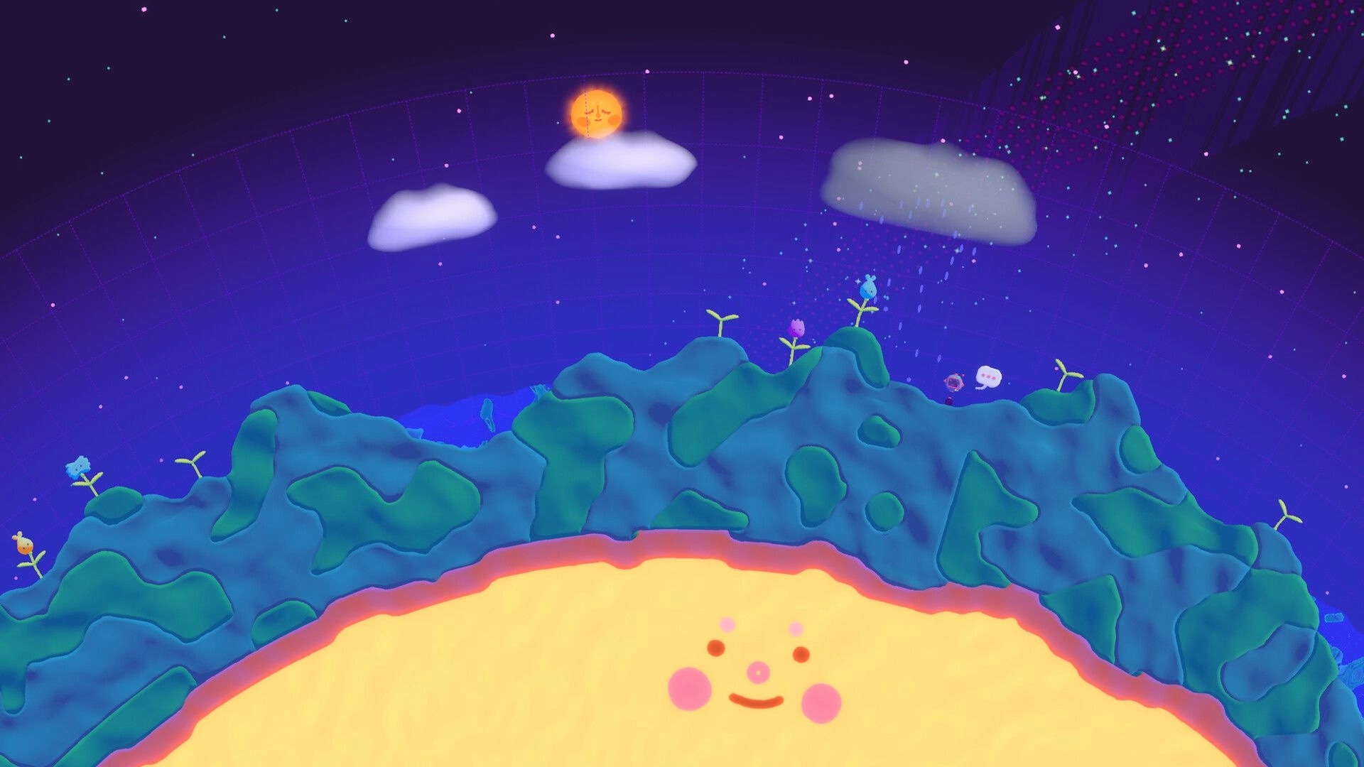 Curiosmos: Smiling planet surface with growing plants under a starry sky and a sleepy sun above