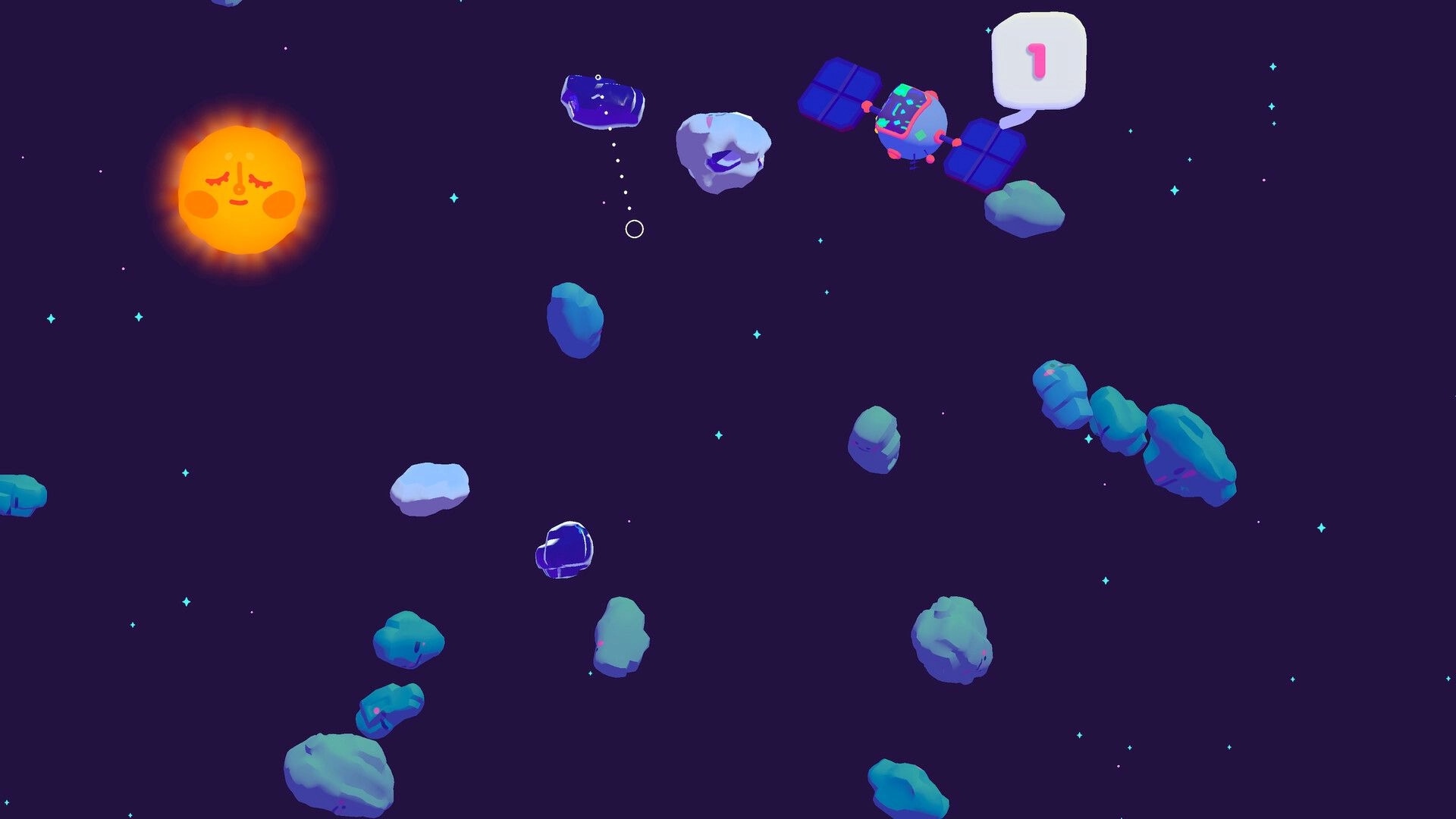 Curiosmos: A spacecraft navigates through asteroids near a smiling sun in deep space environment