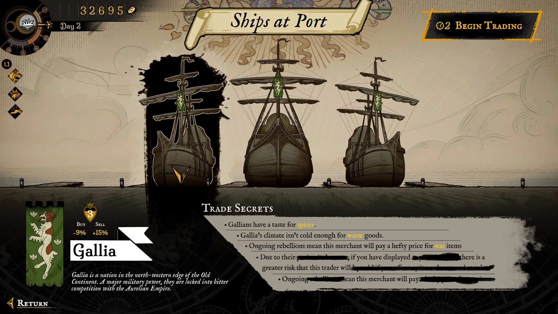 Curse of Resthaven: Ships at Port trading screen with three ships and Gallia trade secrets panel below.