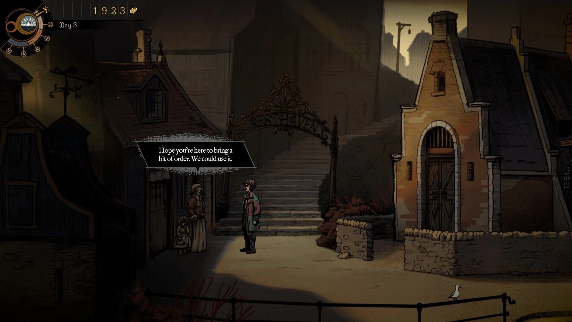 Curse of Resthaven: Dialogue with villagers by Resthaven gate on Day 3, coin counter UI above.