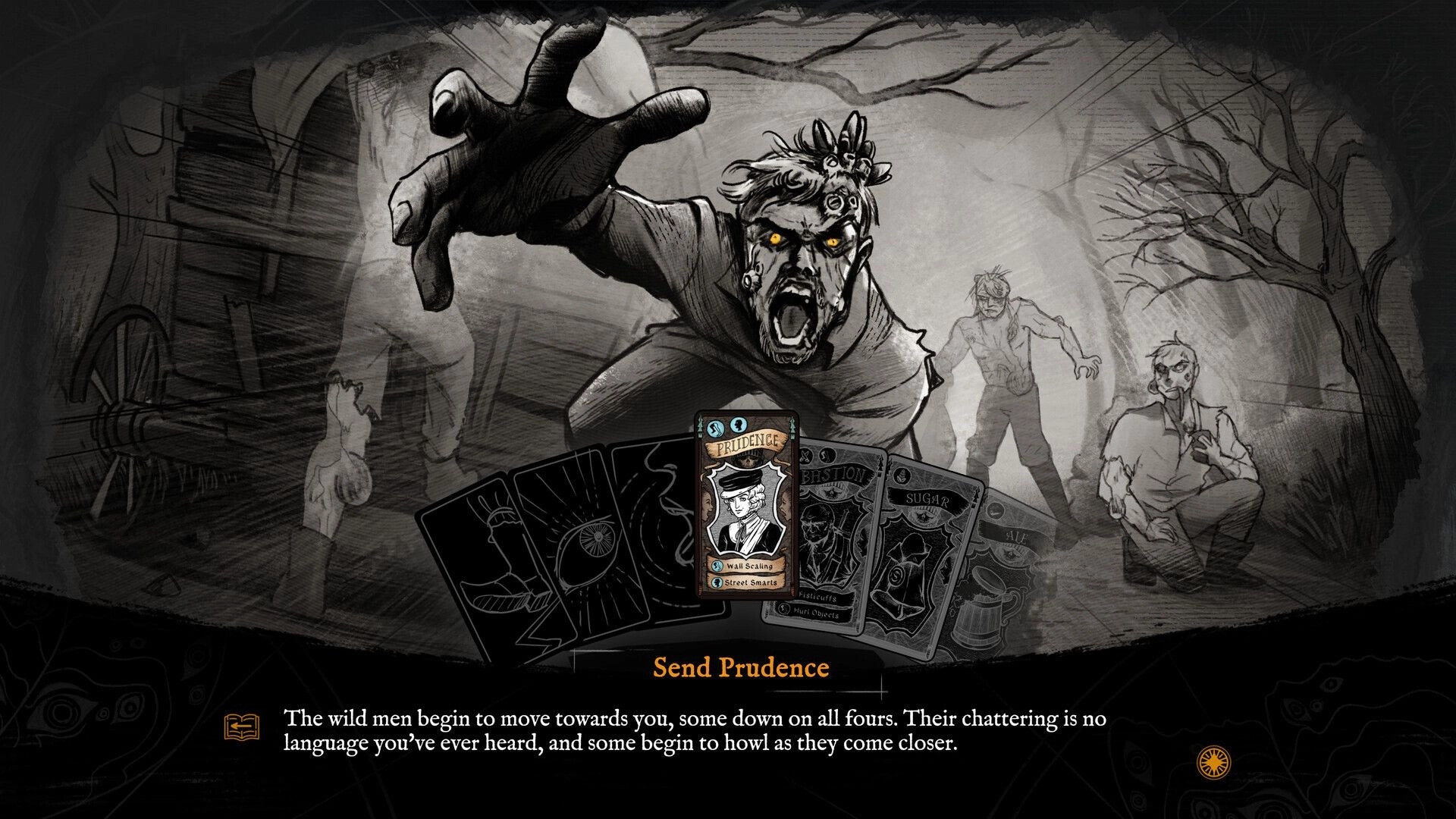 Curse of Resthaven: Choose Prudence card as wild men lunge in a grim forest encounter scene UI.