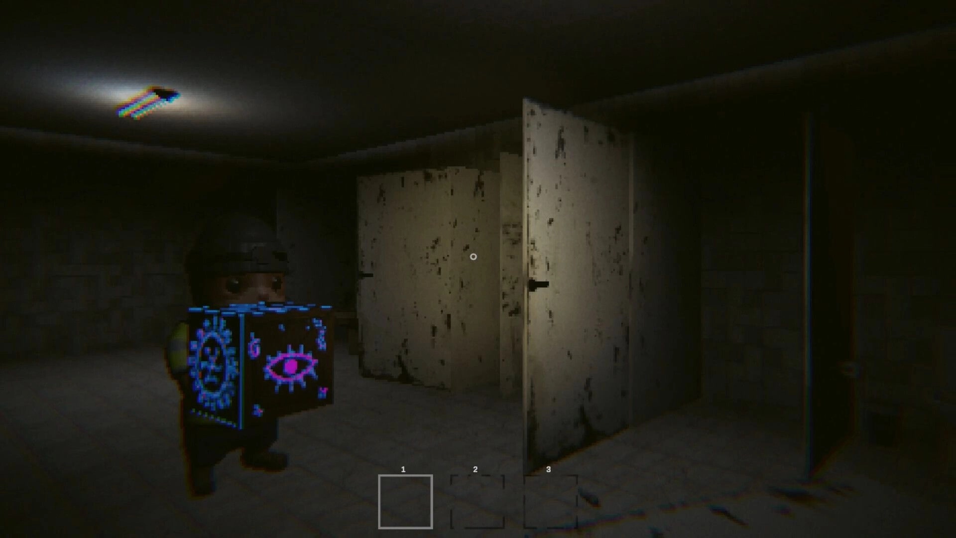 Cursed Cargo: Player carries glowing rune cube past stained restroom stalls in a dim tiled corridor.