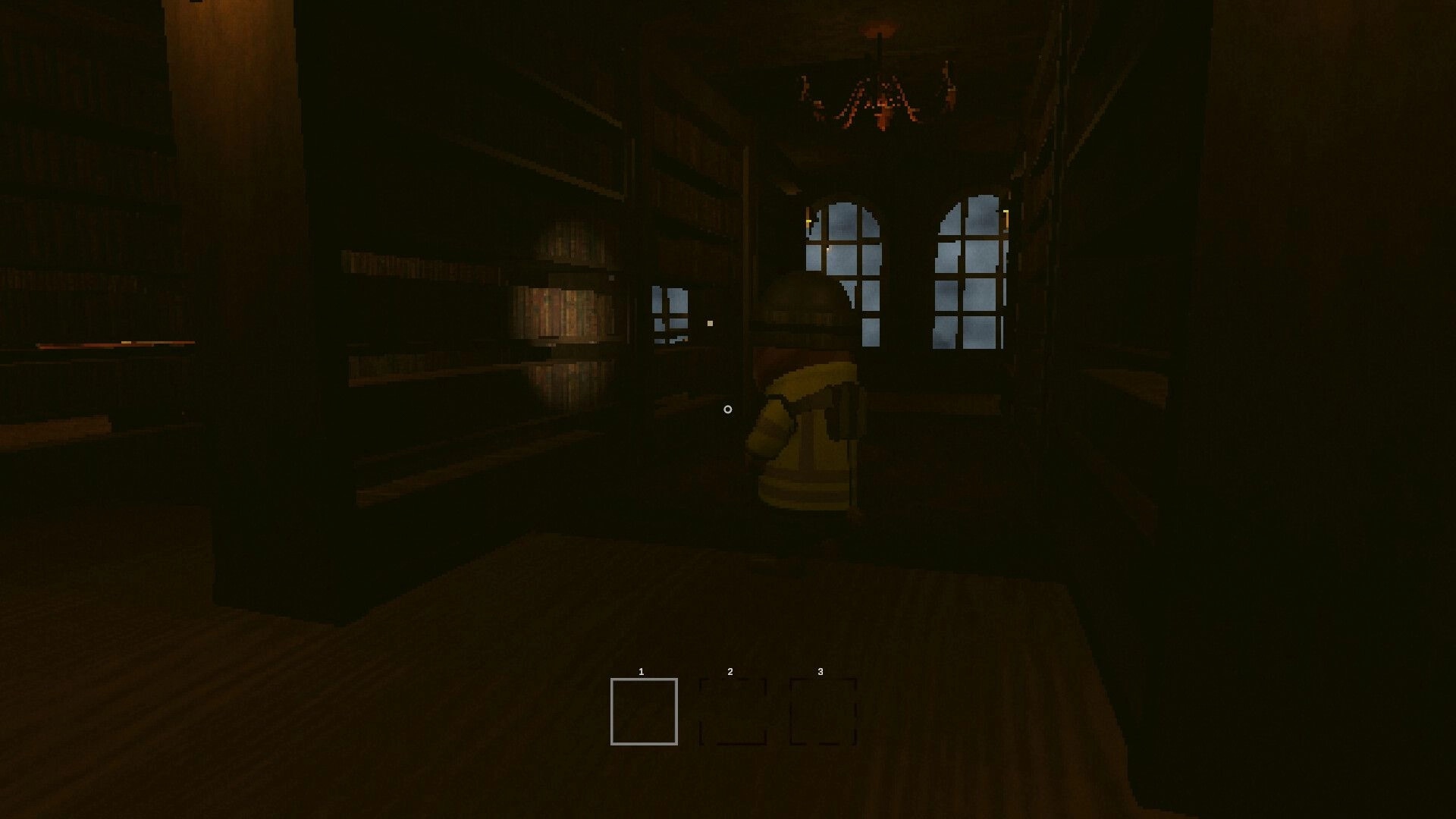 Cursed Cargo: First-person view trailing a teammate in yellow coat through a dark wooden hall with UI slots.