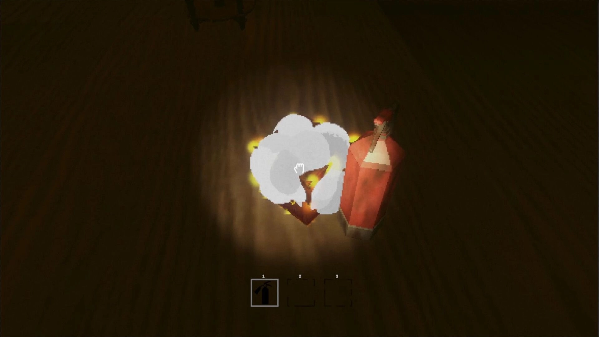 Cursed Cargo: Hand cursor over smoking crate beside red cargo bag in dark wooden room with hotbar UI.