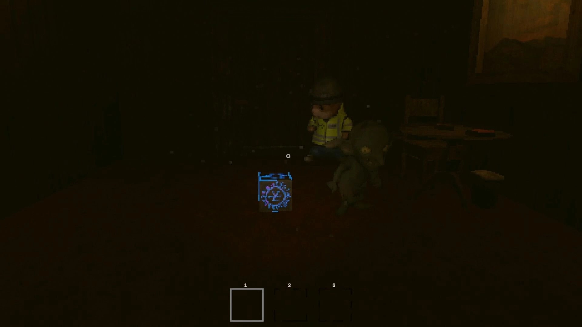Cursed Cargo: Player aims at a glowing blue sigil icon near a worker in a dim wooden cabin interior.