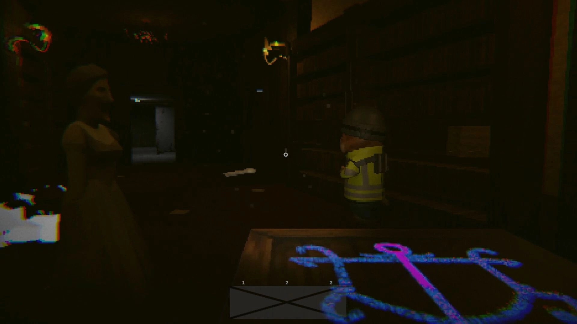 Cursed Cargo: Player aims at a mannequin while a yellow vest hangs in a dim wooden room with HUD.