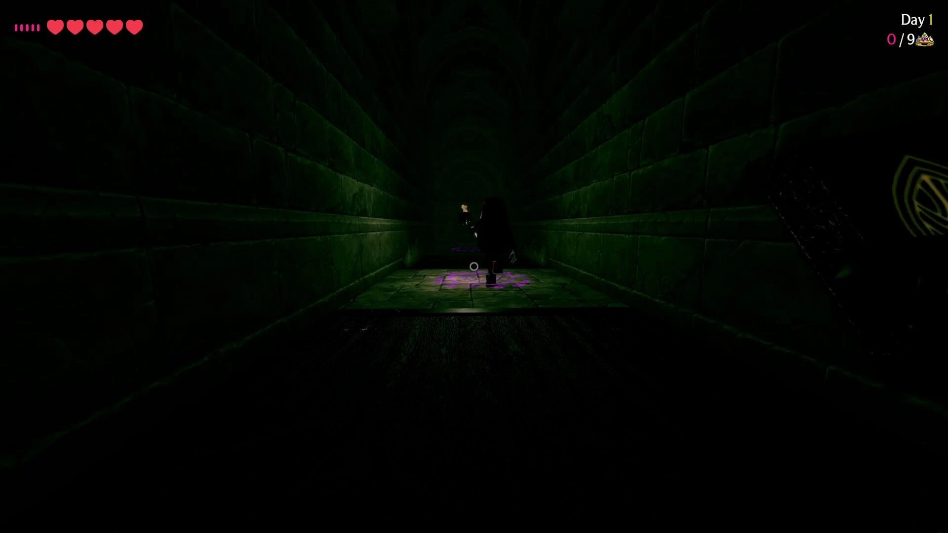 Cursed Companions: Dark corridor with cloaked figure casting spell on glowing rune platform