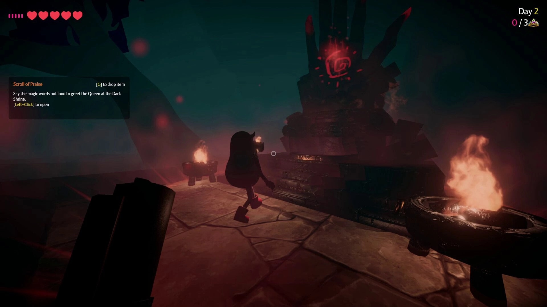 Cursed Companions: Character approaches dark shrine with fiery altar, UI shows scroll instructions