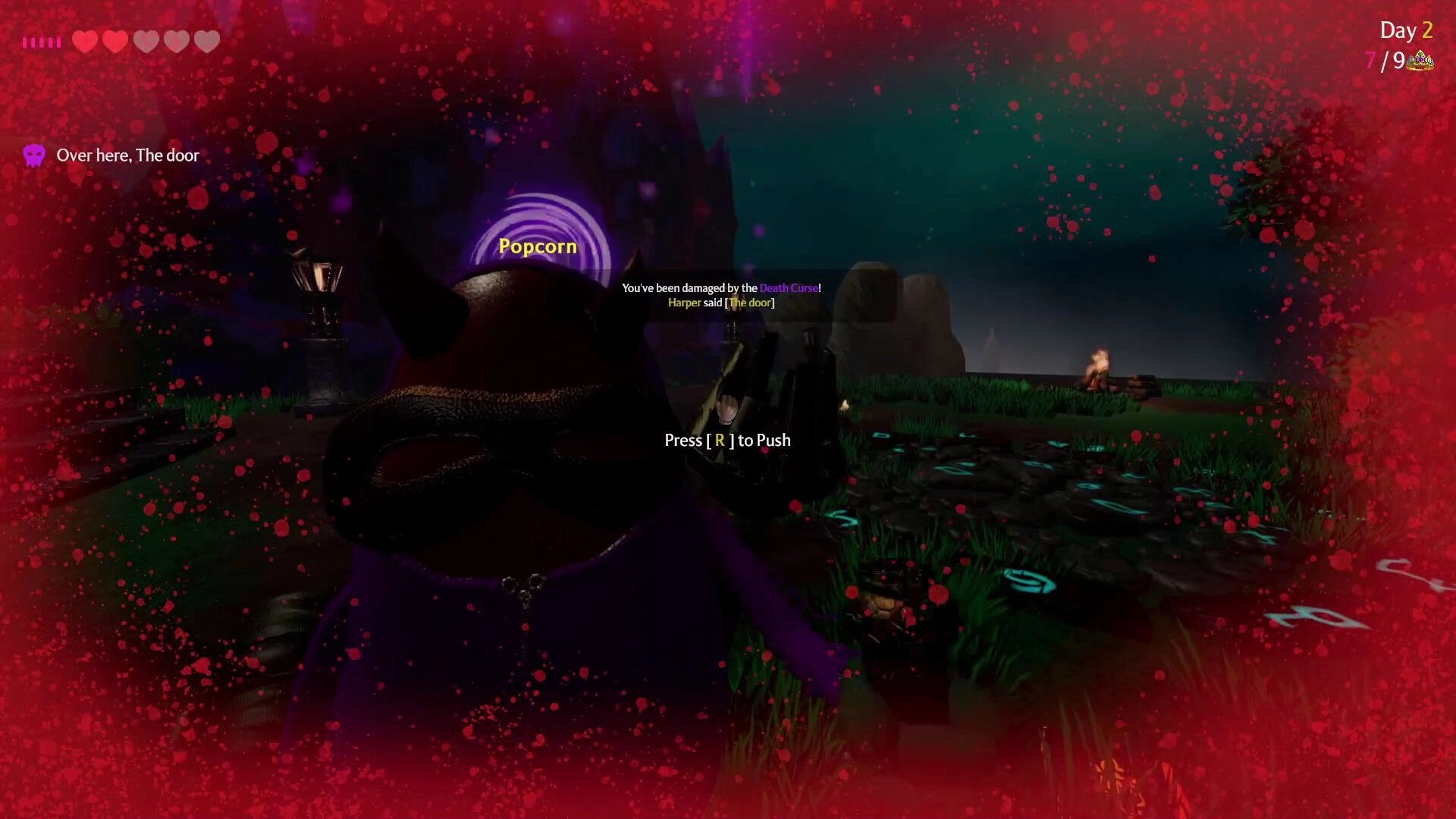 Cursed Companions: Player named Popcorn near ritual circle with red curse overlay in dark forest setting