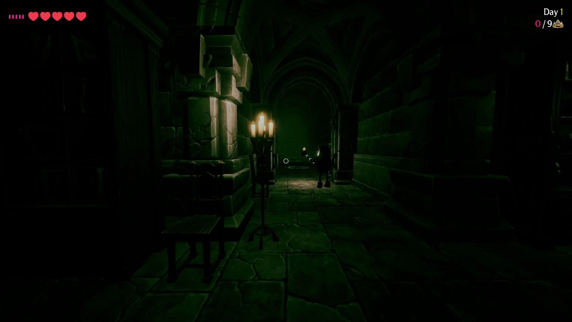 Cursed Companions: Player exploring dark stone corridor with torch and health UI in upper left corner