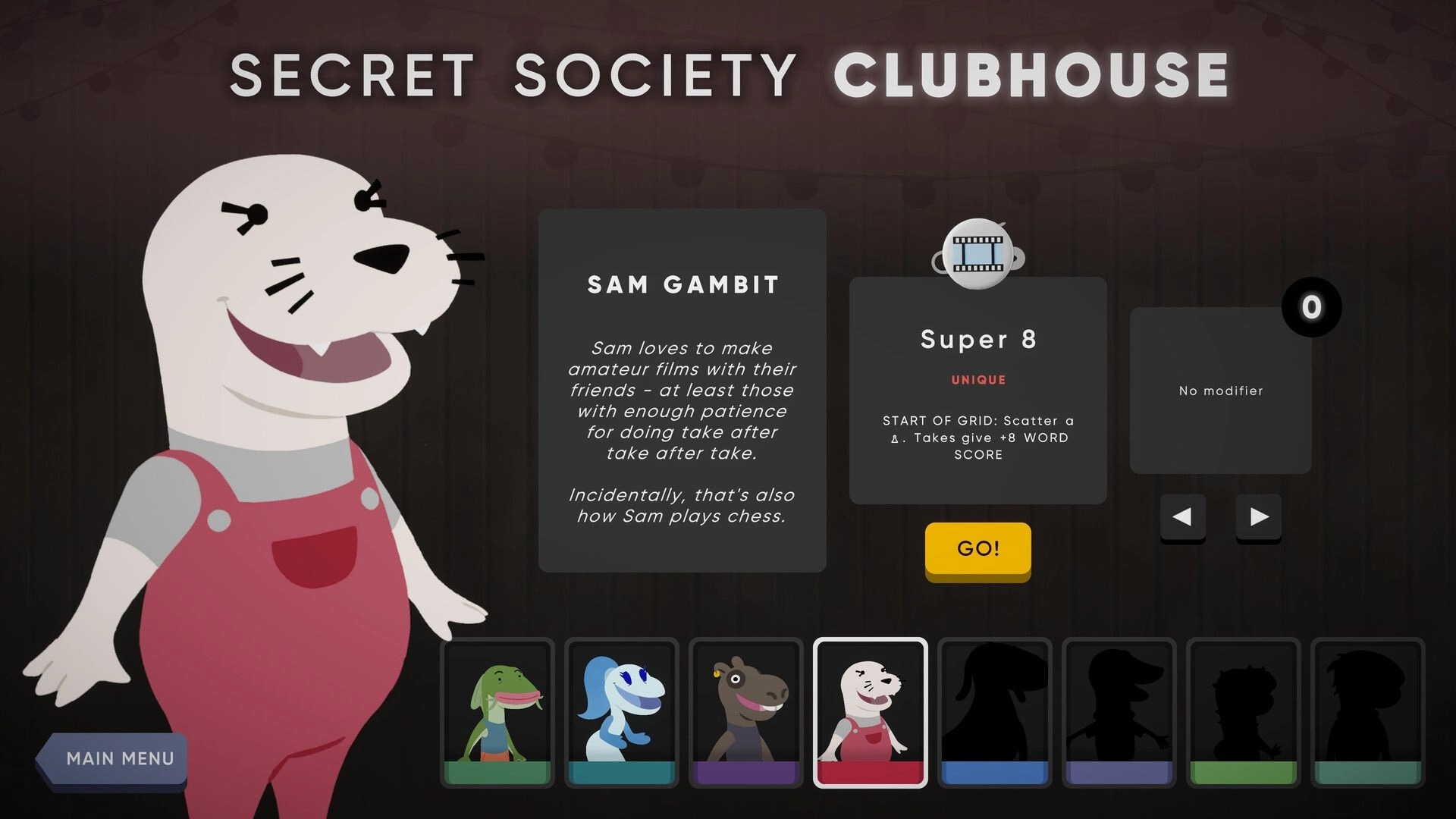 Cursed Words: Character Sam Gambit selection screen in Secret Society Clubhouse with modifier options