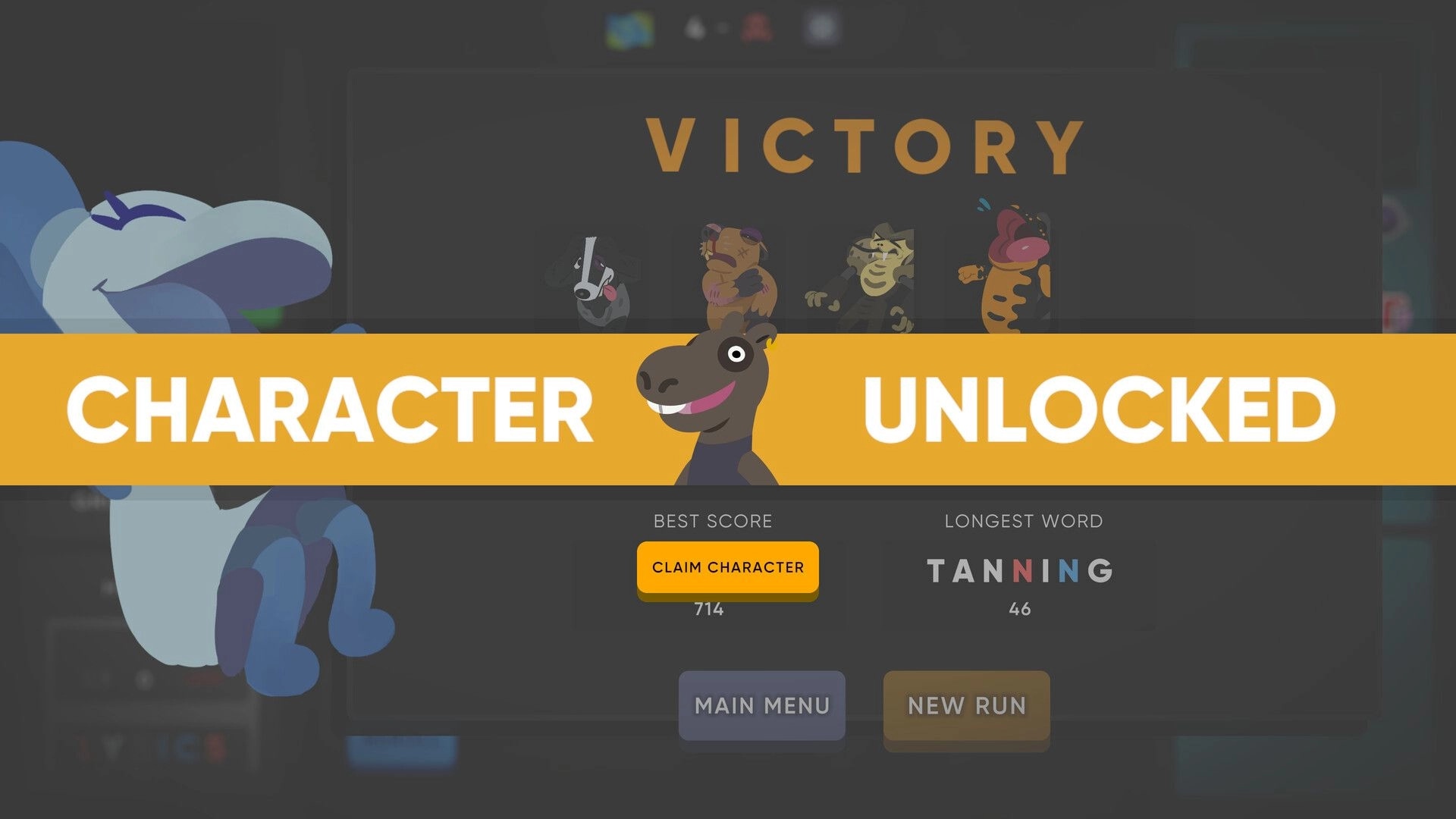 Cursed Words: Victory screen showing character unlocked with best score and longest word displayed