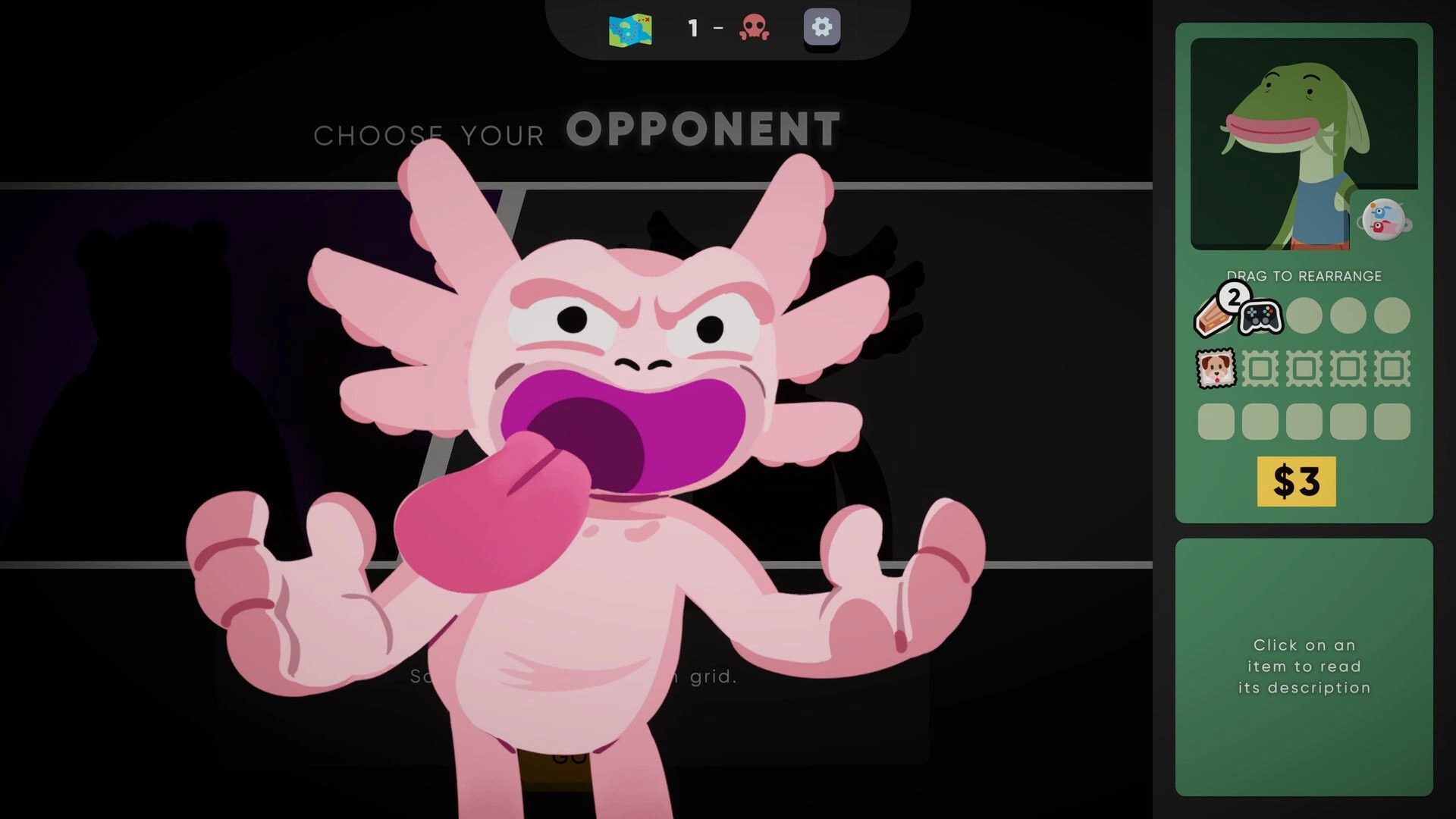 Cursed Words: Pink creature with open mouth in opponent selection screen, right panel shows inventory
