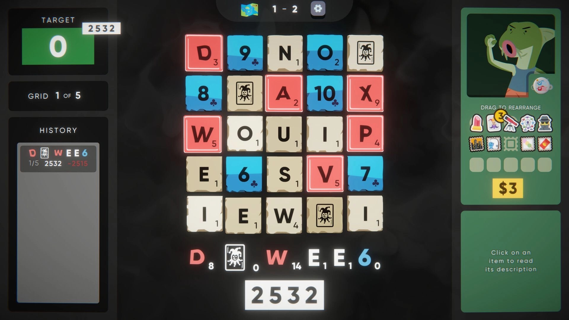 Cursed Words: Grid of letter tiles with a target score, history panel, and character on the right.