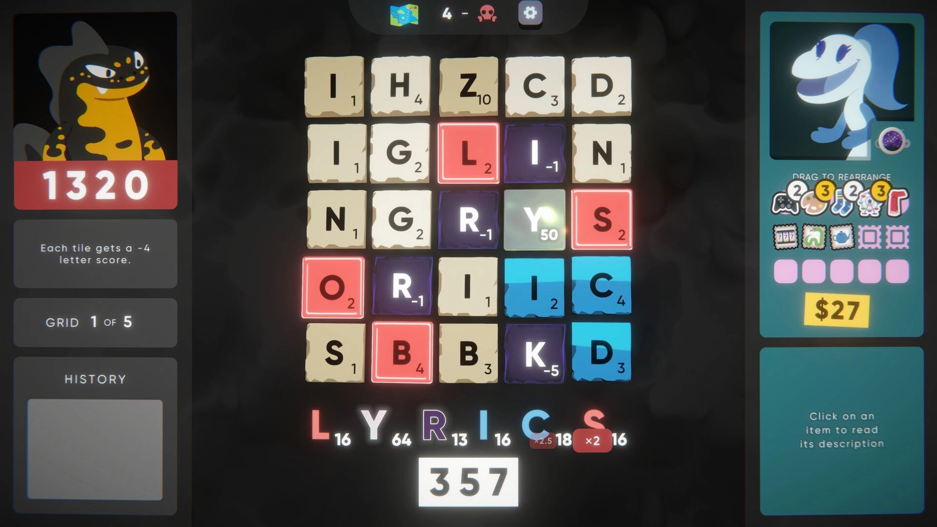 Cursed Words: Letter grid with score panel, character portraits, and rearrangeable inventory slots.