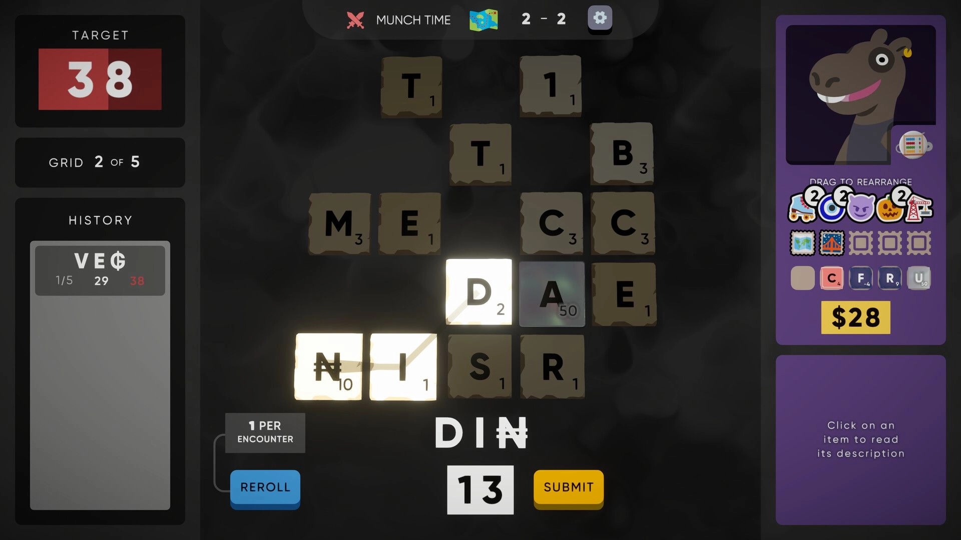 Cursed Words: Letter grid puzzle with score target, inventory items, and cartoon avatar on screen