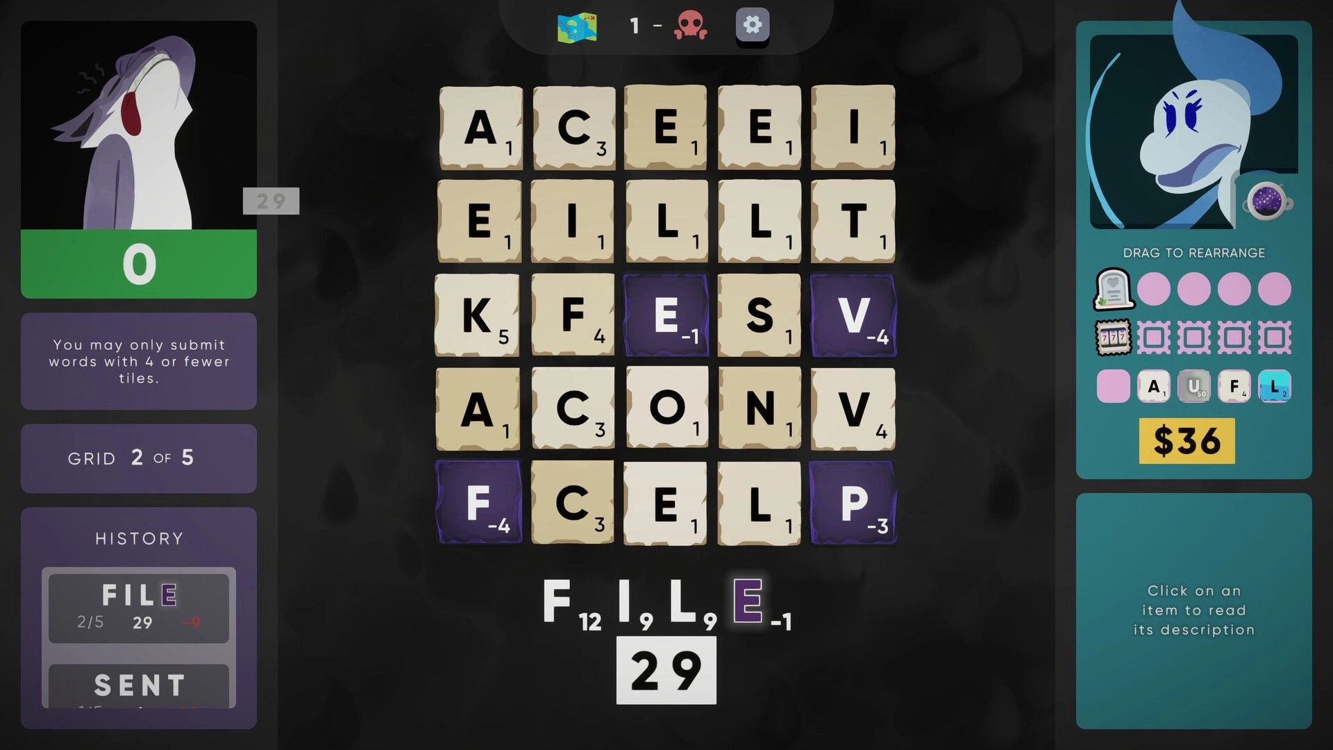 Cursed Words: Tile grid with letters and scores, character portraits on sides, current word "FILE" below.