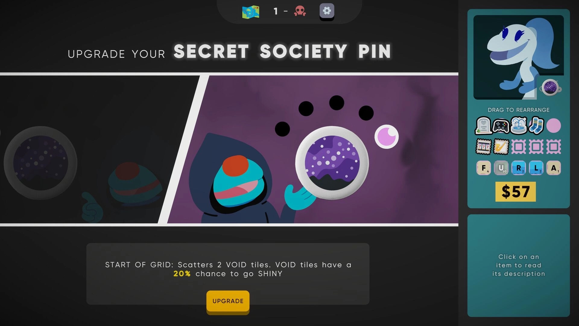 Cursed Words: Character in hood upgrades Secret Society Pin with mystical symbols in dark interface