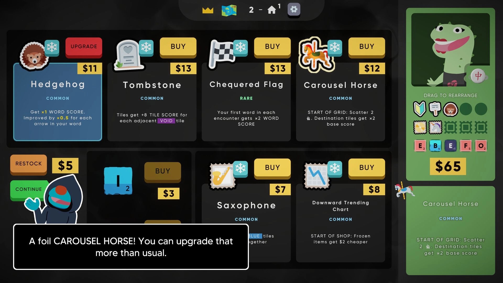 Cursed Words: Game shop interface displaying various items with prices and character icon on right