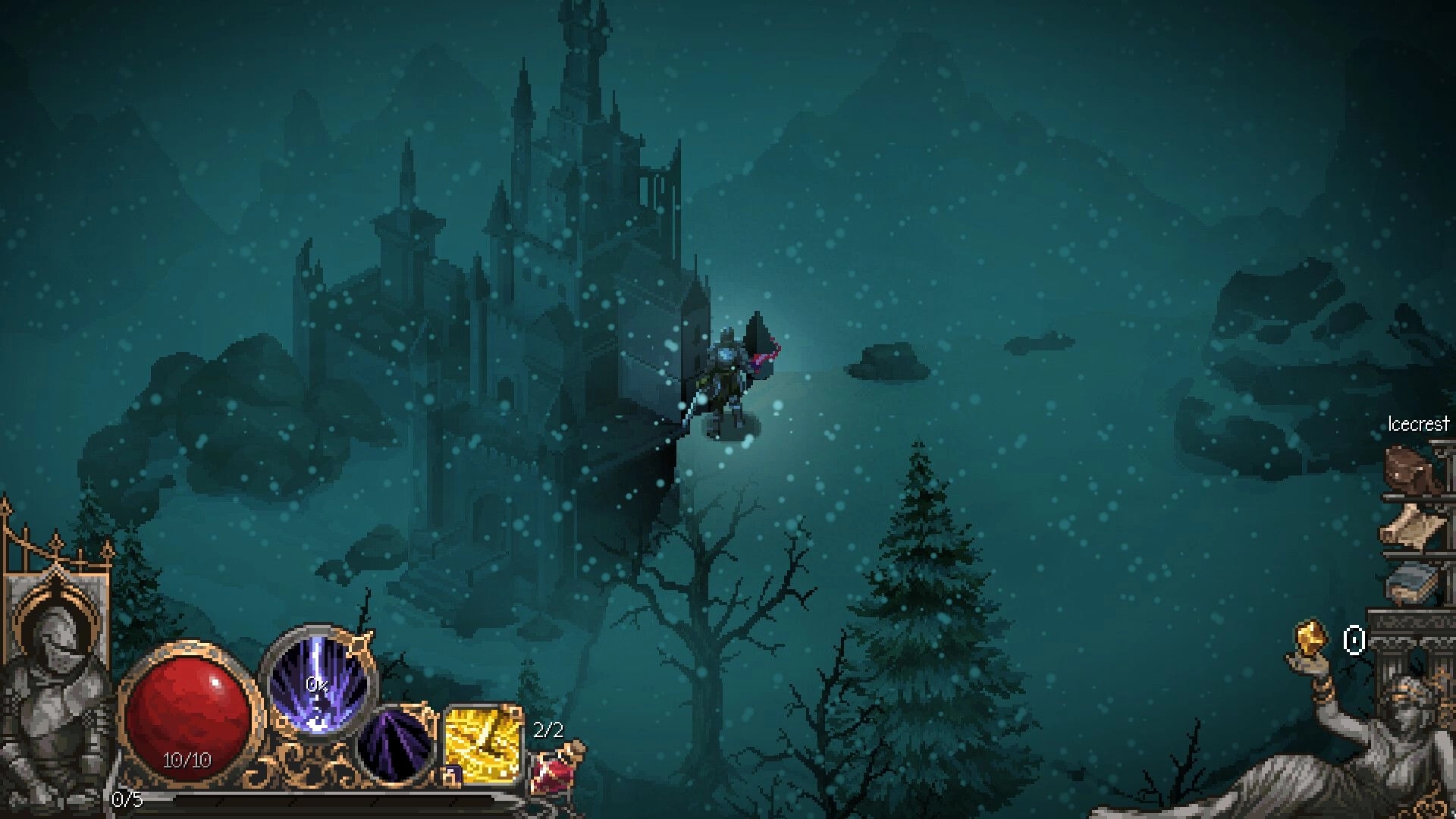 Cursemark: Player character exploring snowy landscape with dark castle in background, UI shows health and spells.