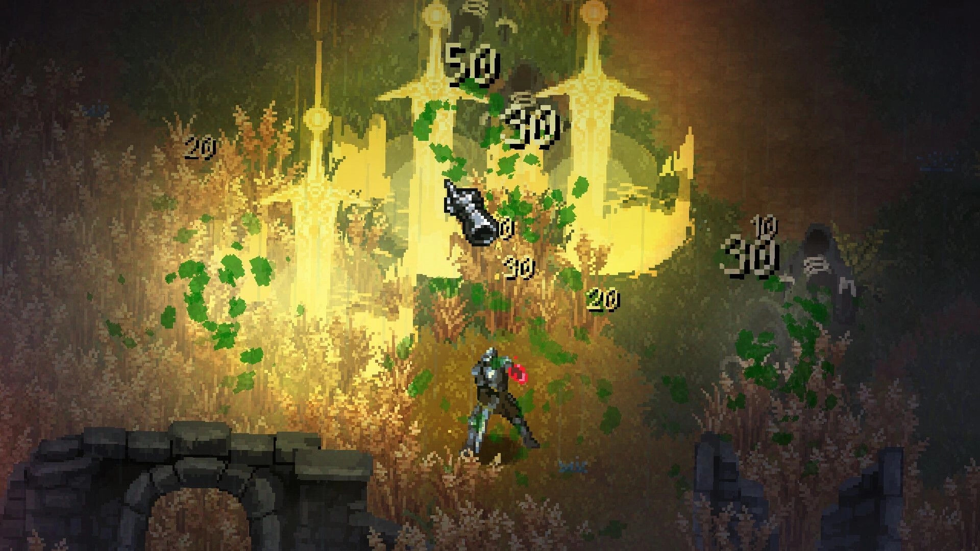 Cursemark: Player casts green spell at shadowy foes in a mystical forest with glowing runes.