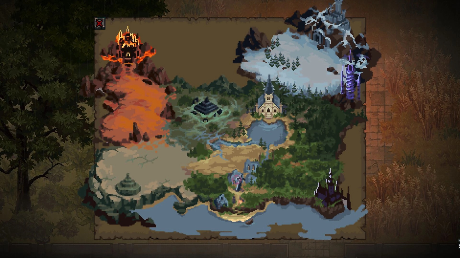 Cursemark: World map with diverse regions, including lava mountains, icy peaks, and verdant forests