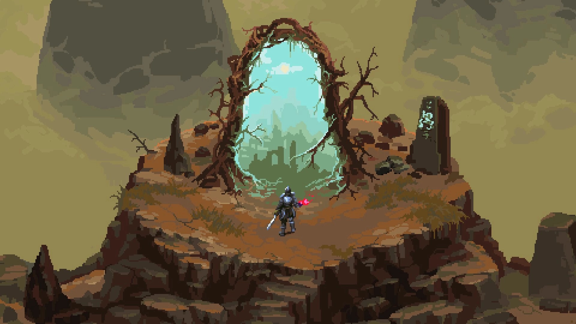 Cursemark: Knight approaches a glowing portal surrounded by rocky cliffs in a desolate landscape.