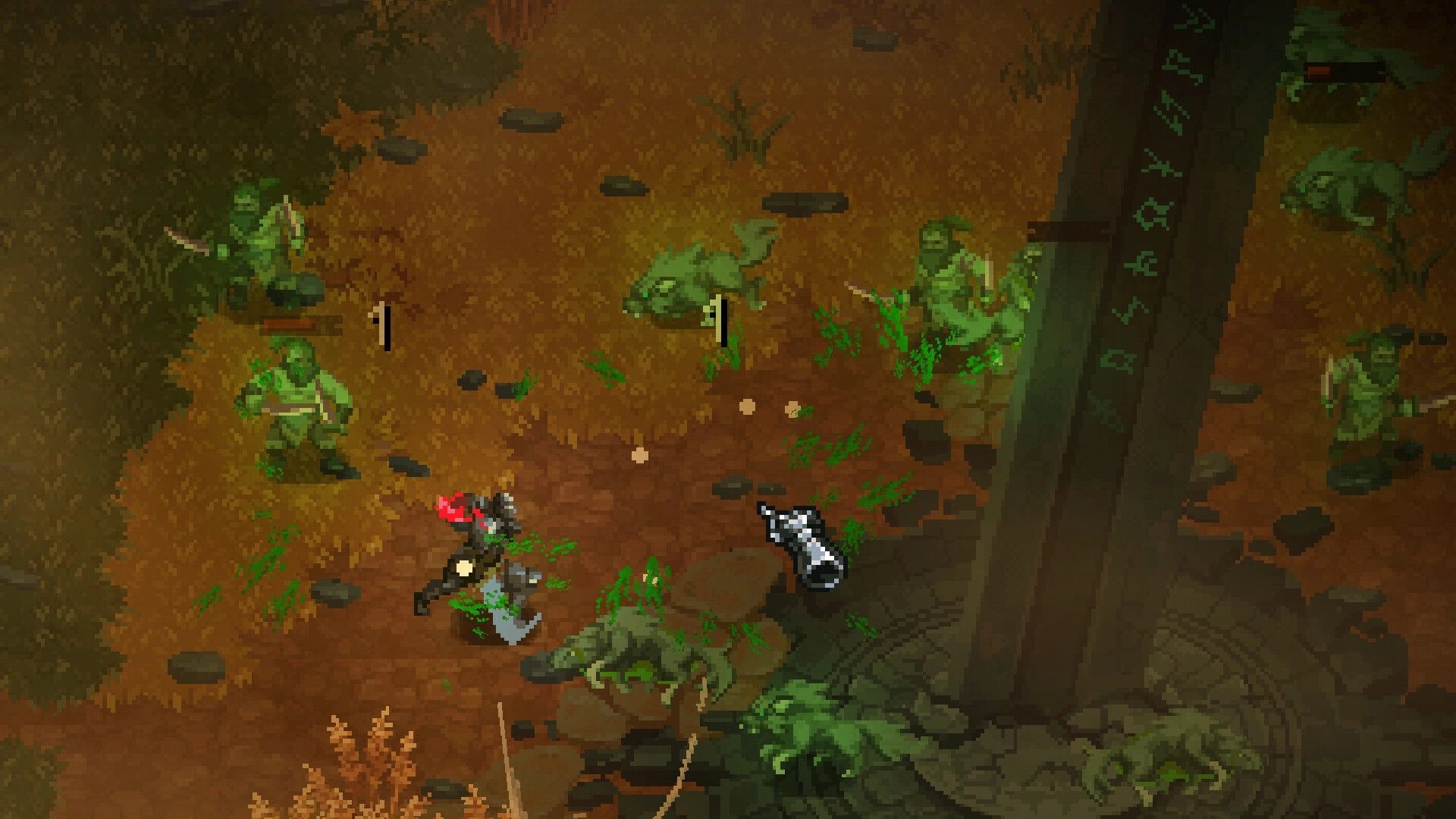 Cursemark: Combat with goblins near a rune-inscribed obelisk in a forest clearing