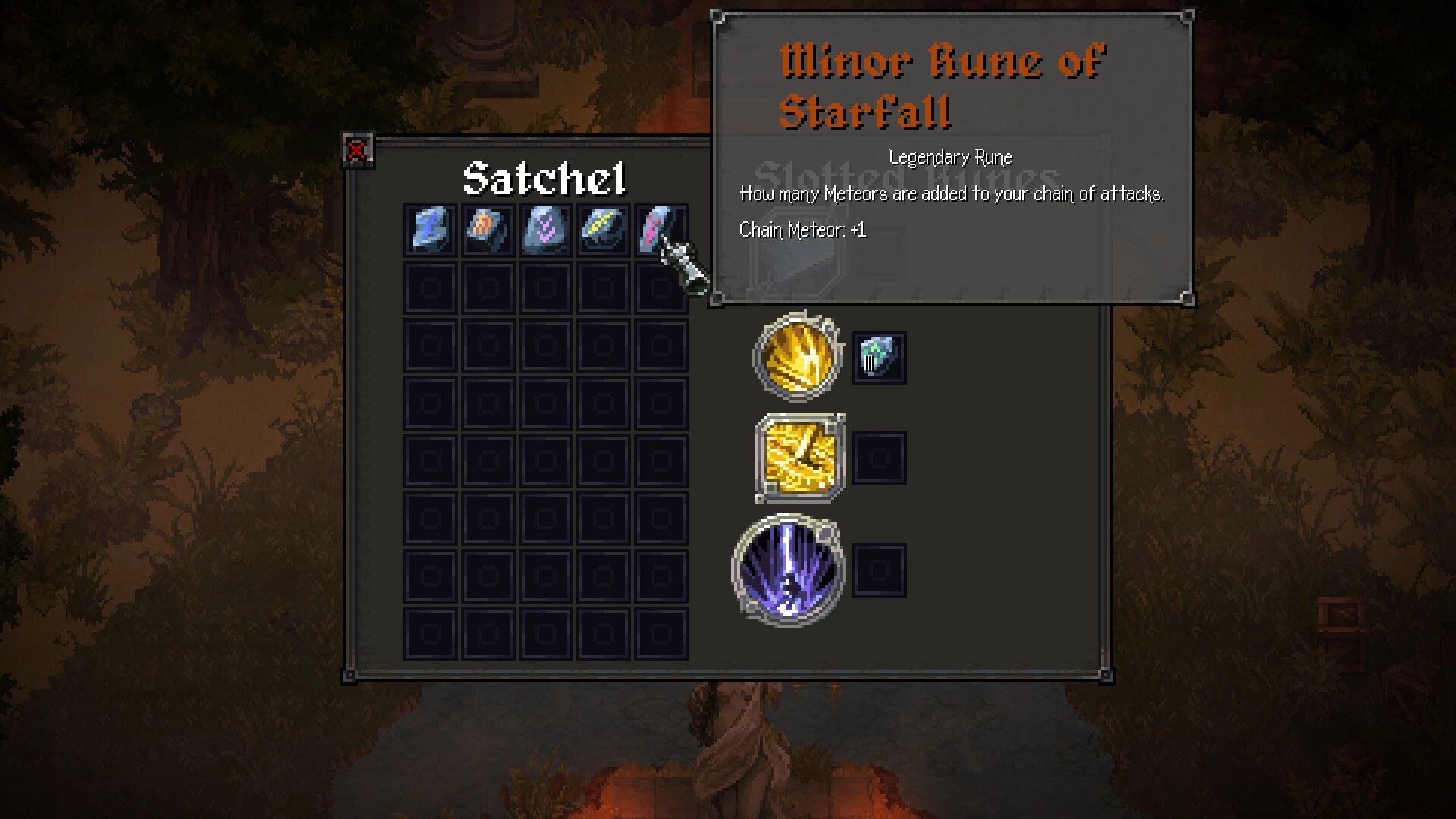 Cursemark: Inventory screen displaying satchel with Minor Rune of Starfall details in forest setting